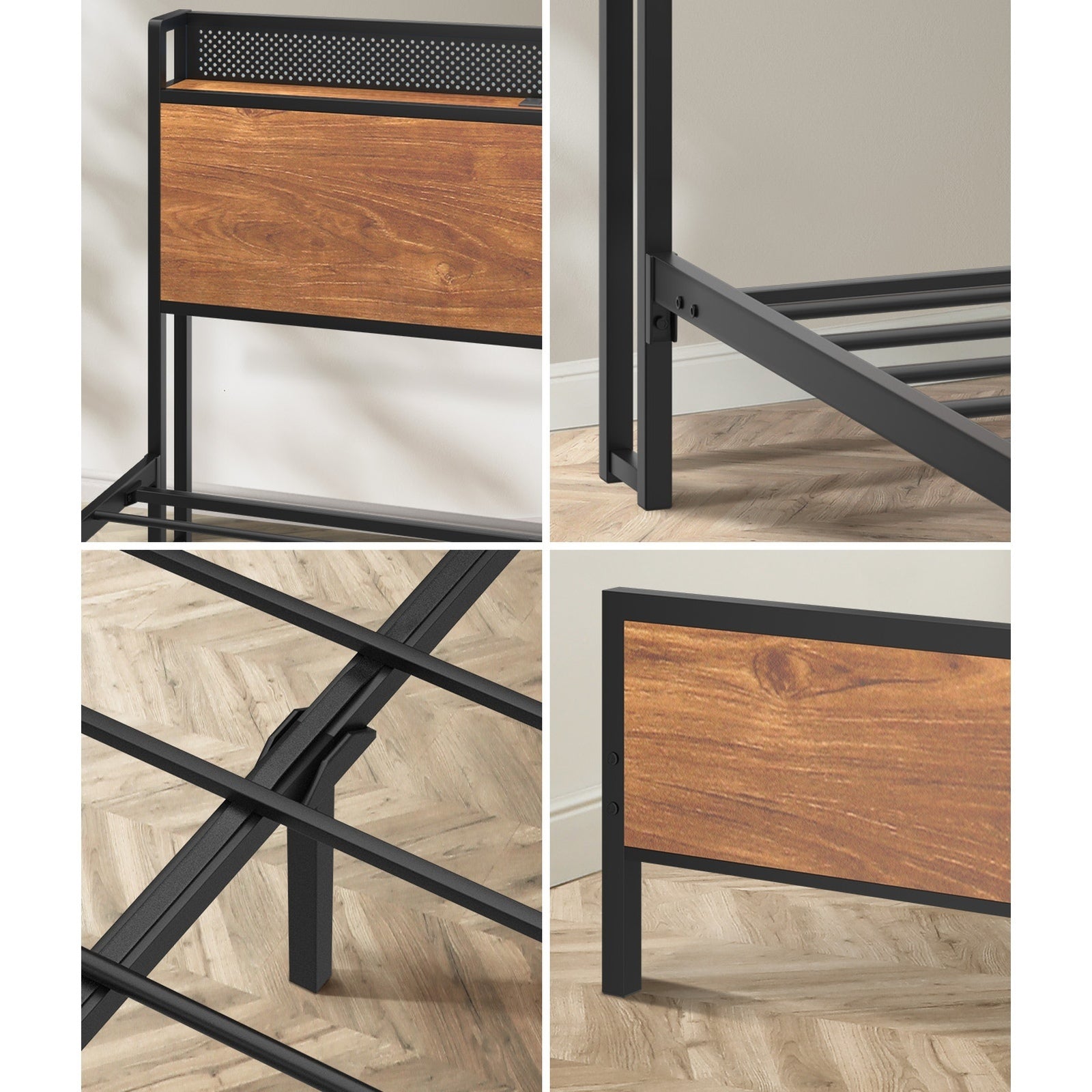Oikiture Metal Bed Frame Double Size LED Light USB Charge Storage Headboard - Sunyee