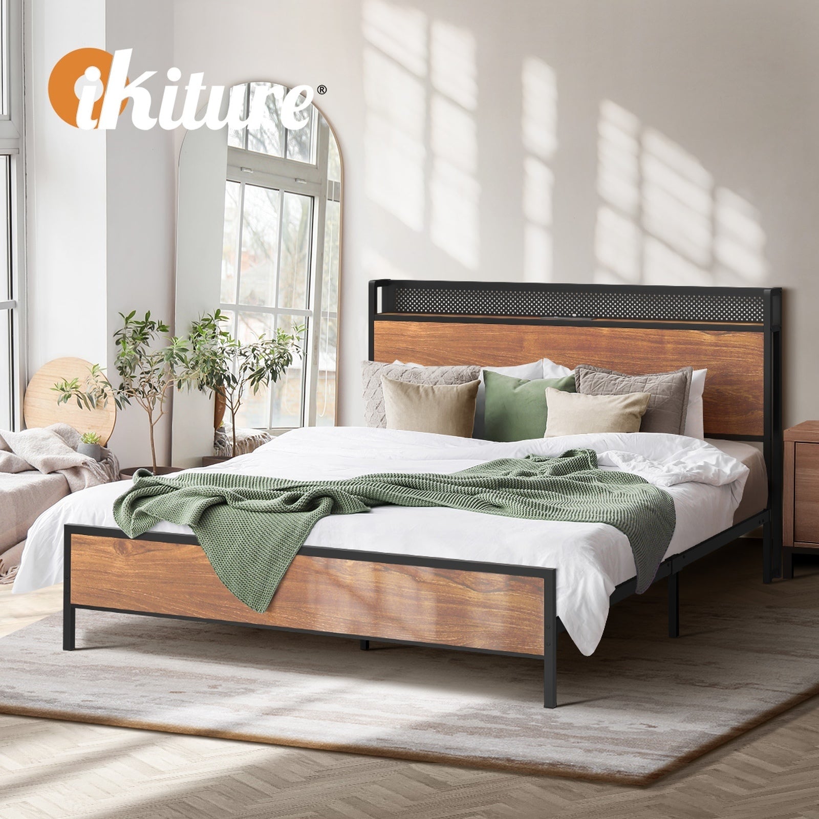 Oikiture Metal Bed Frame Double Size LED Light USB Charge Storage Headboard - Sunyee