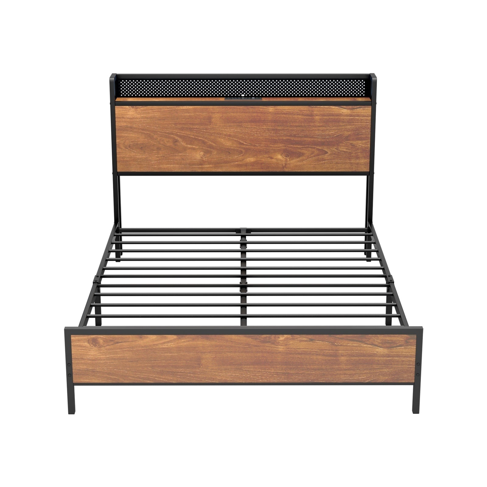 Oikiture Metal Bed Frame Double Size LED Light USB Charge Storage Headboard - Sunyee