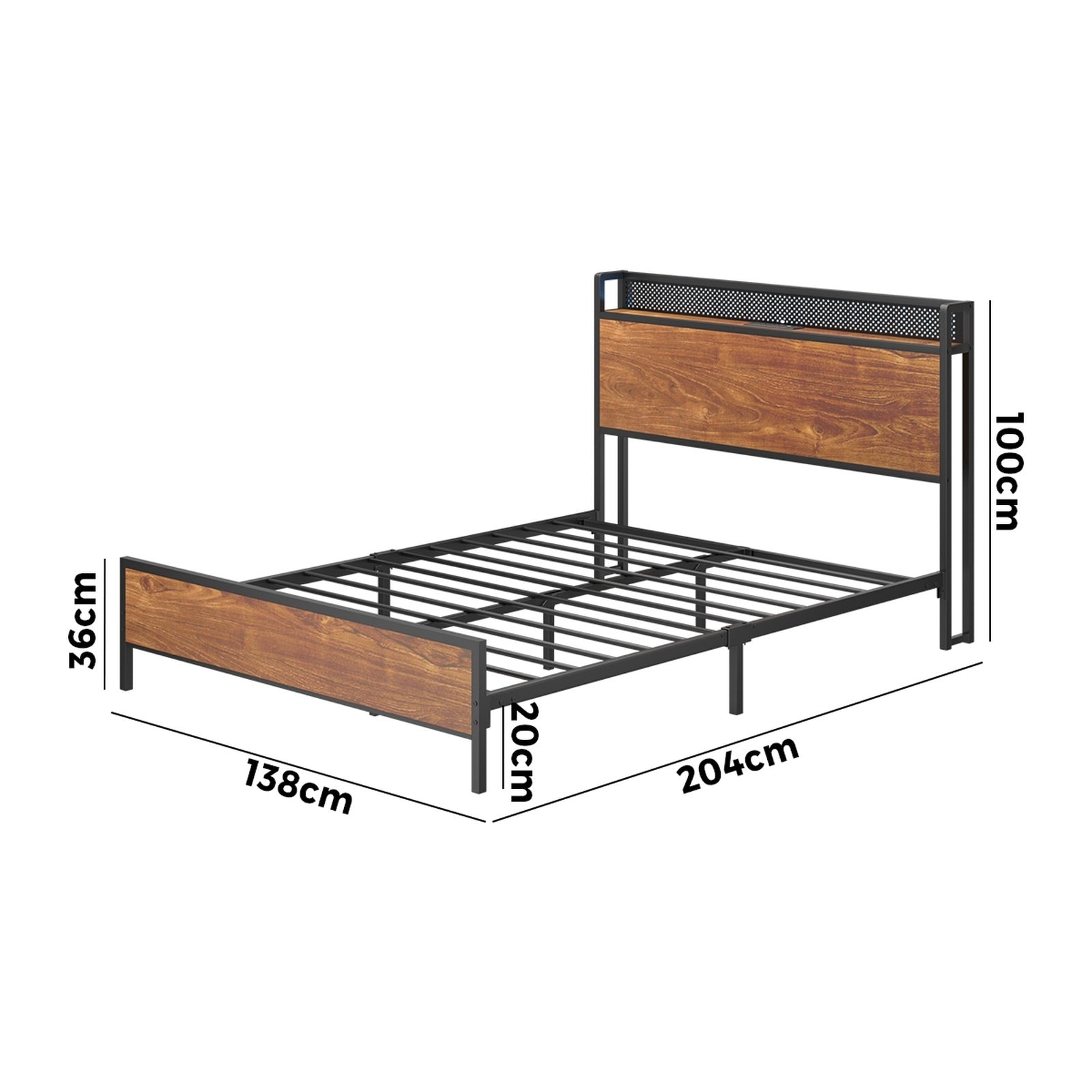 Oikiture Metal Bed Frame Double Size LED Light USB Charge Storage Headboard - Sunyee