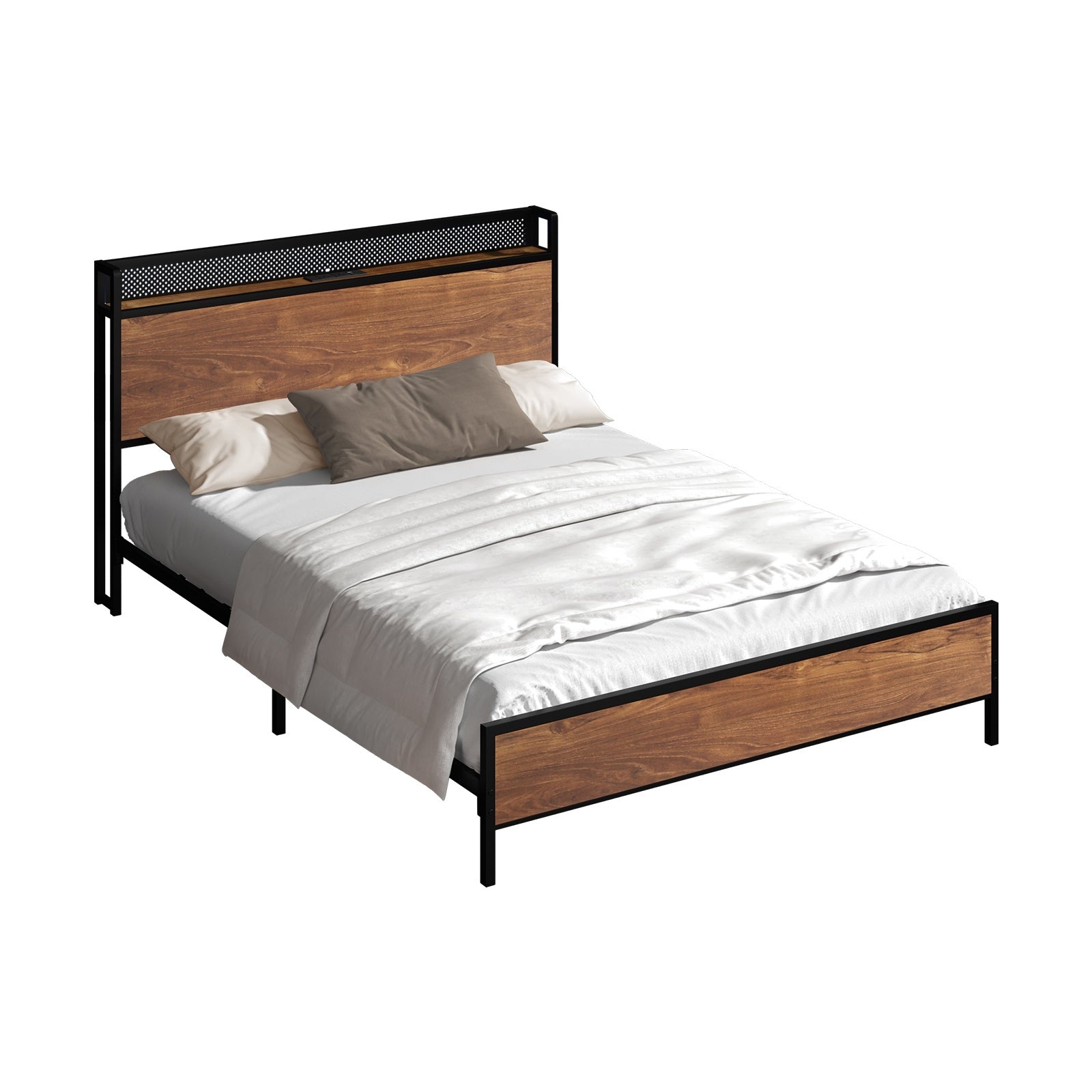 Oikiture Metal Bed Frame Double Size LED Light USB Charge Storage Headboard - Sunyee