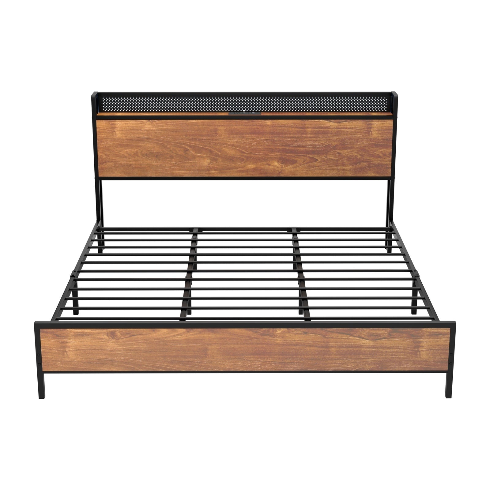 Oikiture Metal Bed Frame Queen Size LED Light USB Charge Storage Headboard - Sunyee