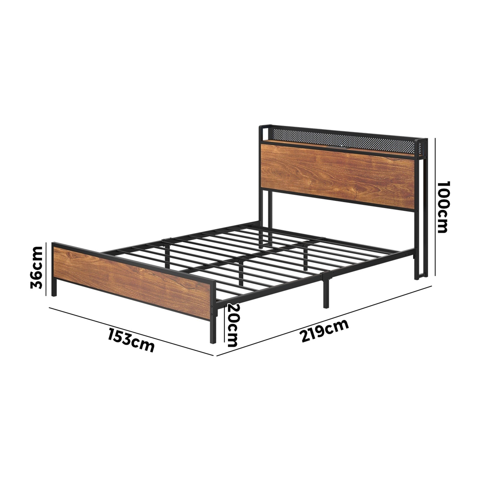Oikiture Metal Bed Frame Queen Size LED Light USB Charge Storage Headboard - Sunyee