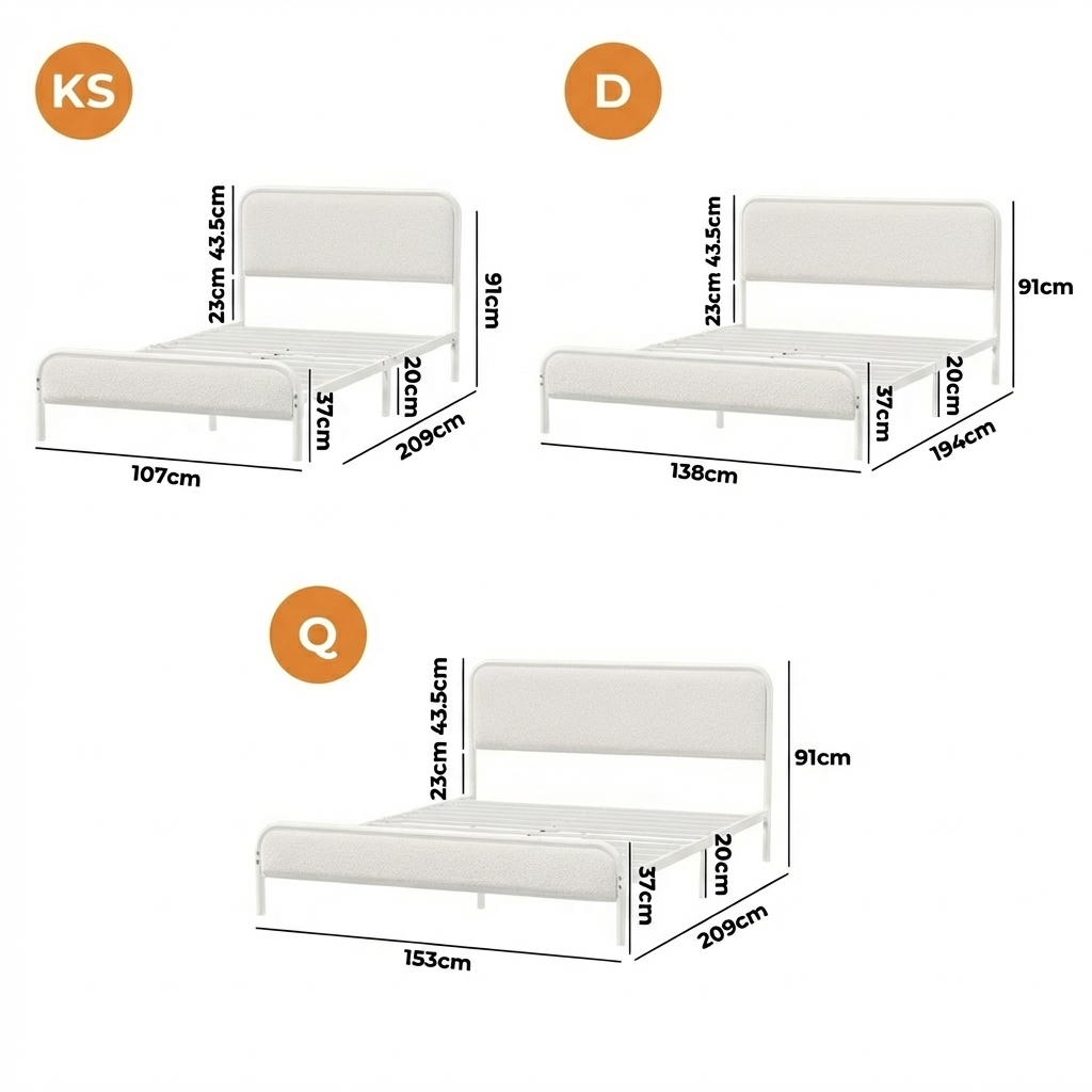 Oikiture Metal Bed Frame King Single Double Queen Tufted Bedhead Boucle Fabric - Sunyee