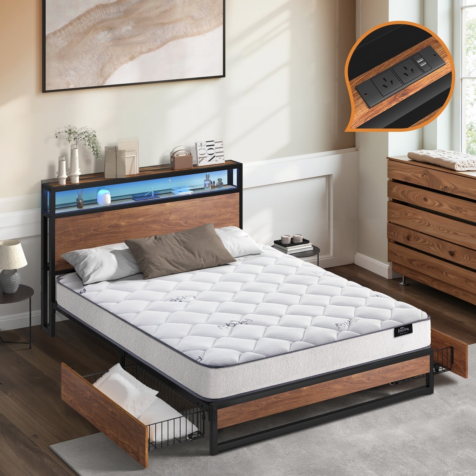 Oikiture Metal Bed Frame Double Size LED 2 Storage Drawers USB with Mattress - Sunyee