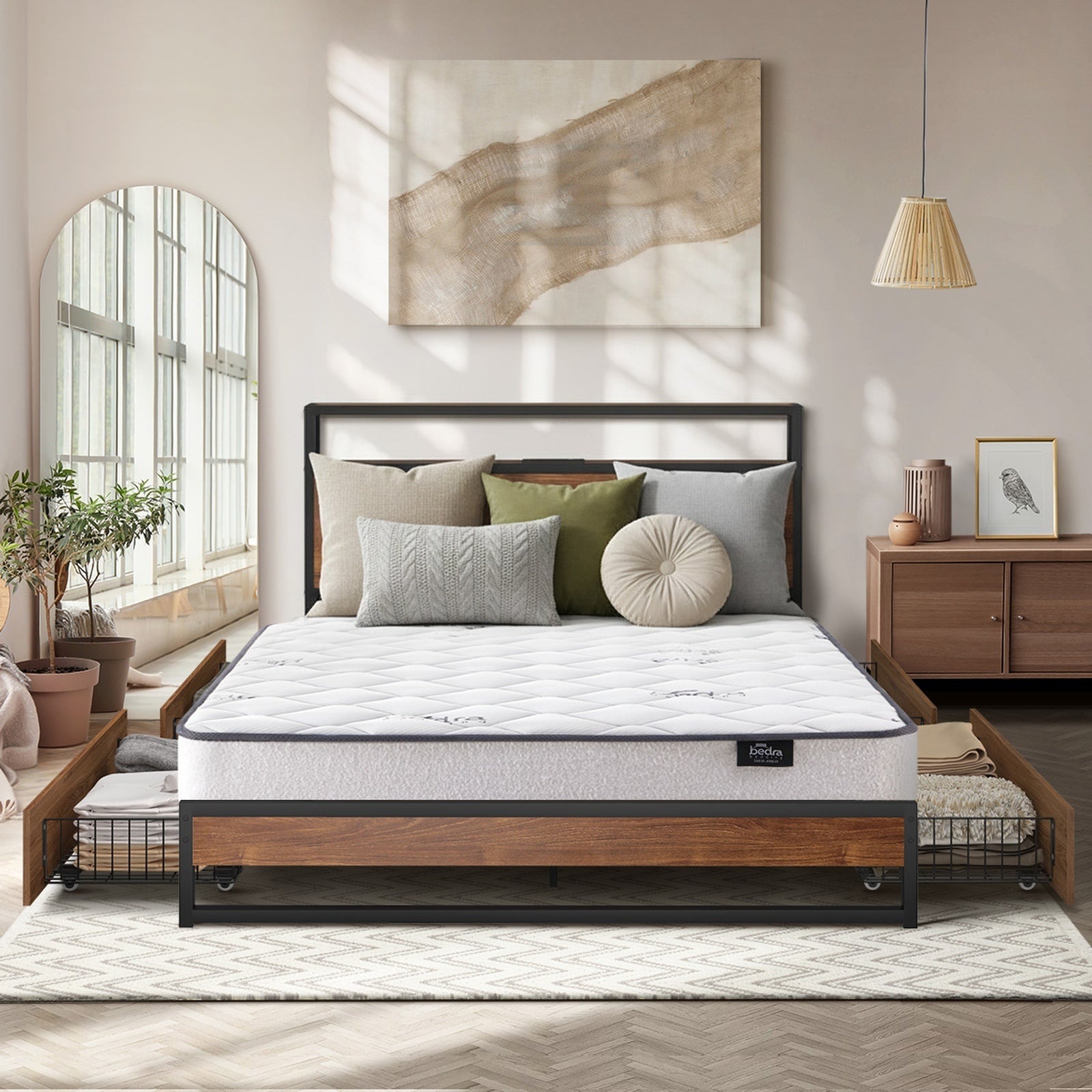 Oikiture Metal Bed Frame Queen Size LED 4 Storage Drawers USB with Mattress - Sunyee
