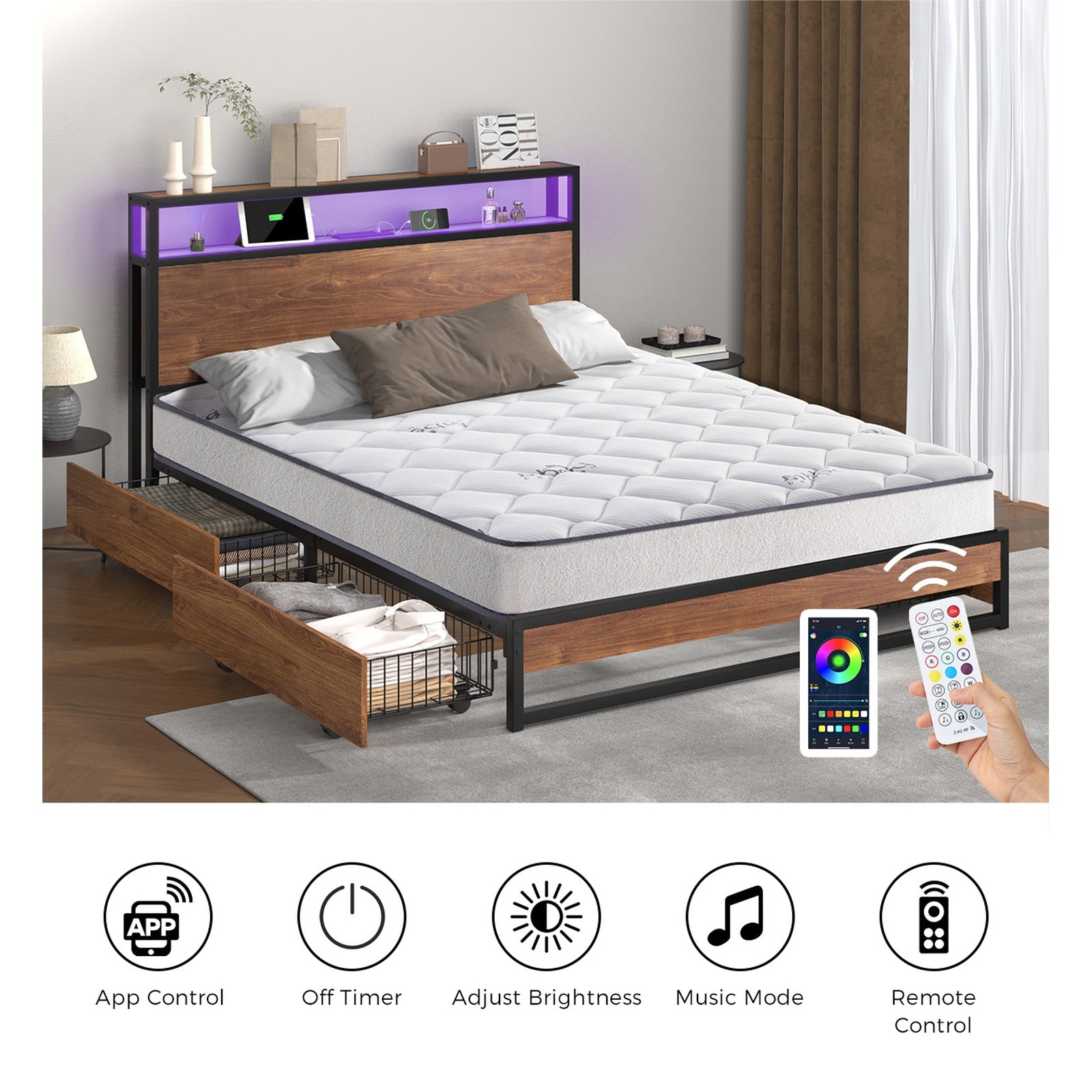 Oikiture Metal Bed Frame Queen Size LED 4 Storage Drawers USB with Mattress - Sunyee