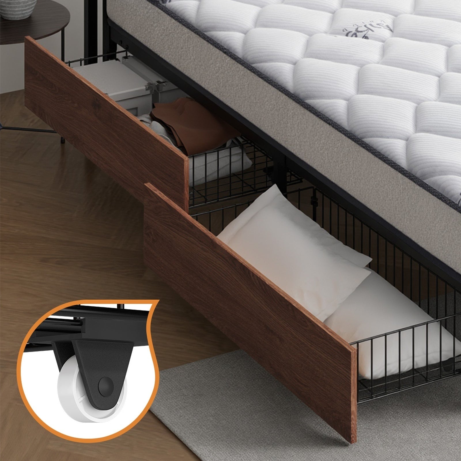 Oikiture Metal Bed Frame Queen Size LED 4 Storage Drawers USB with Mattress - Sunyee