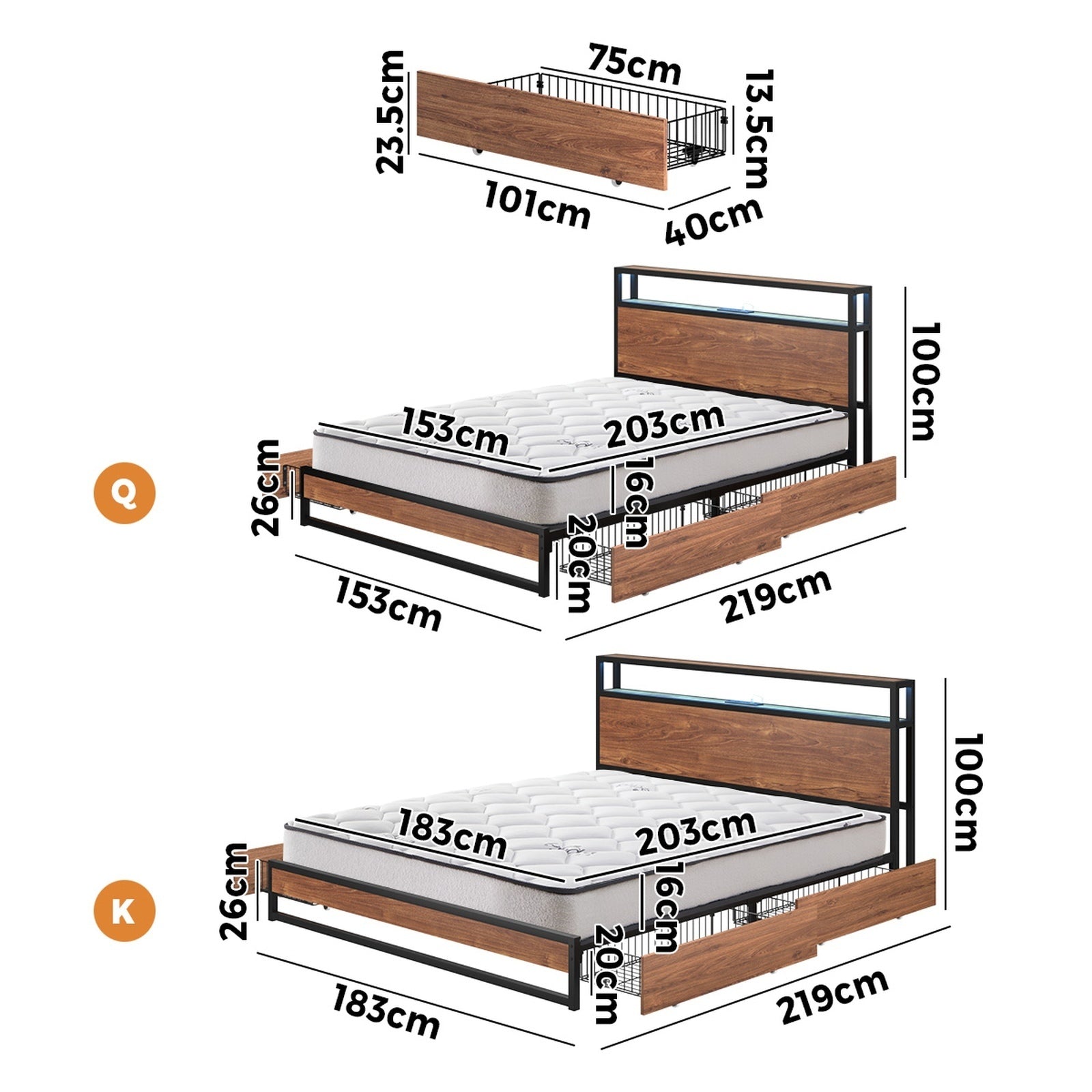 Oikiture Metal Bed Frame Queen Size LED 4 Storage Drawers USB with Mattress - Sunyee