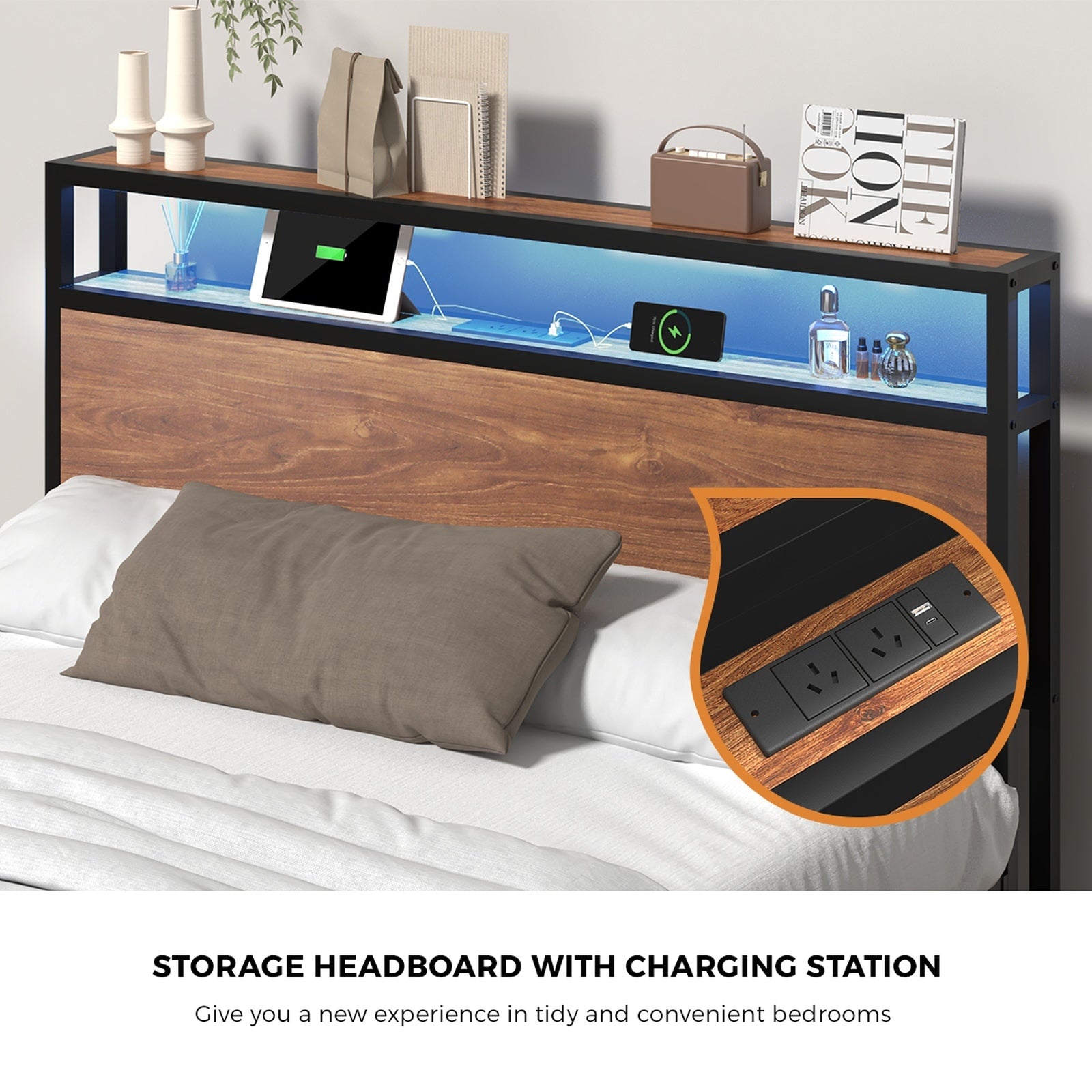 Oikiture Metal Bed Frame Double Size with LED Headboard Storage Drawers USB - Sunyee