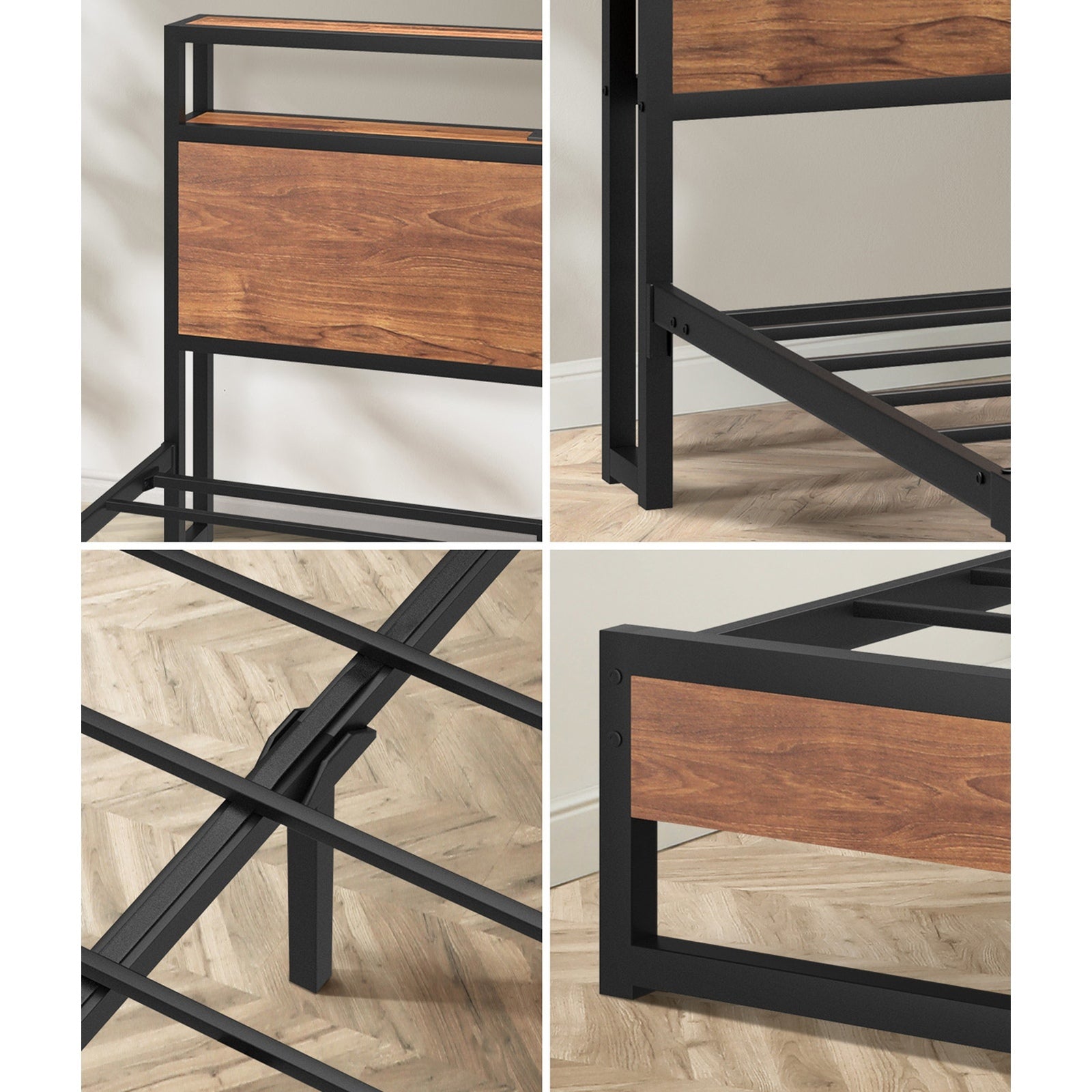 Oikiture Metal Bed Frame Double Size with LED Headboard Storage Drawers USB - Sunyee