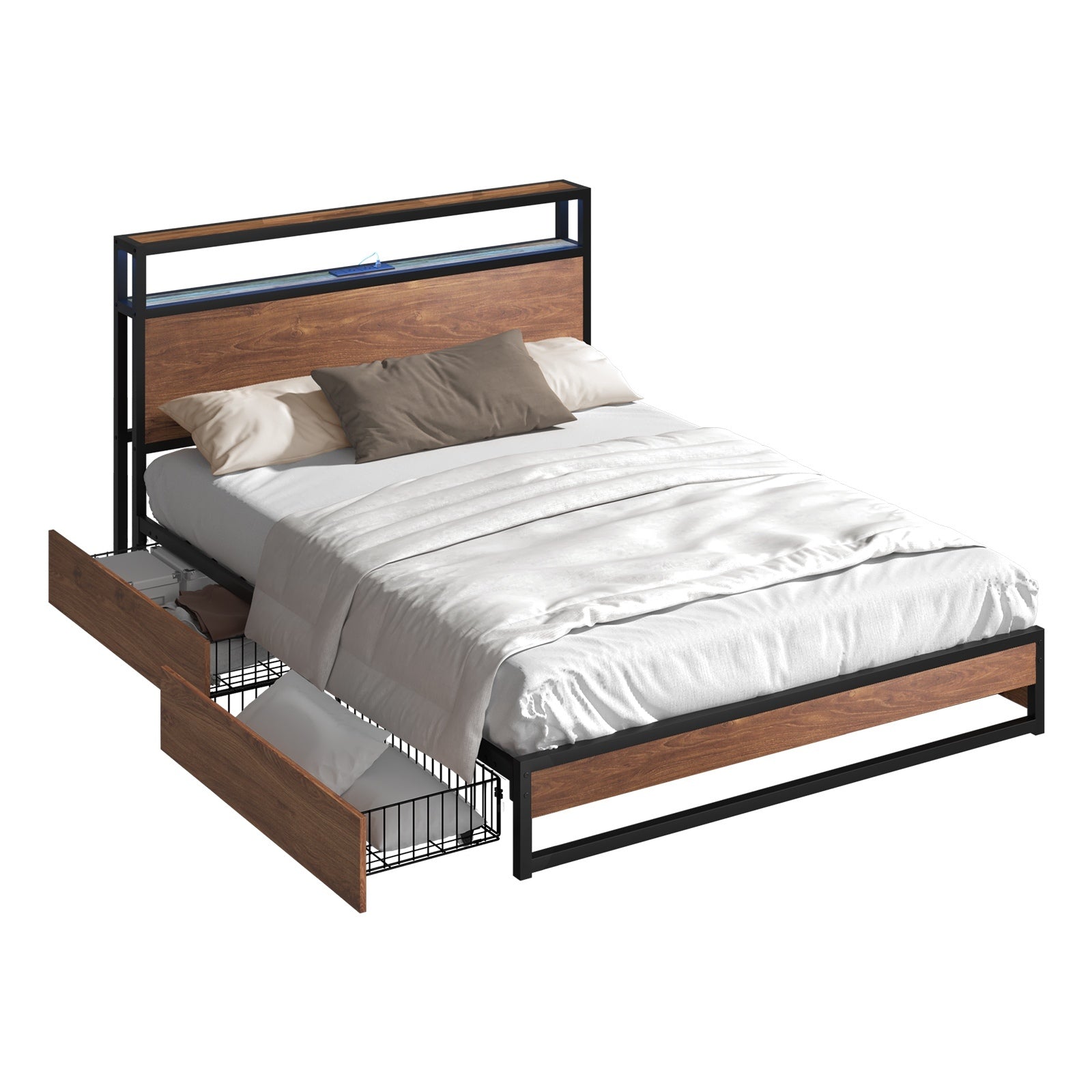 Oikiture Metal Bed Frame Double Size with LED Headboard Storage Drawers USB - Sunyee