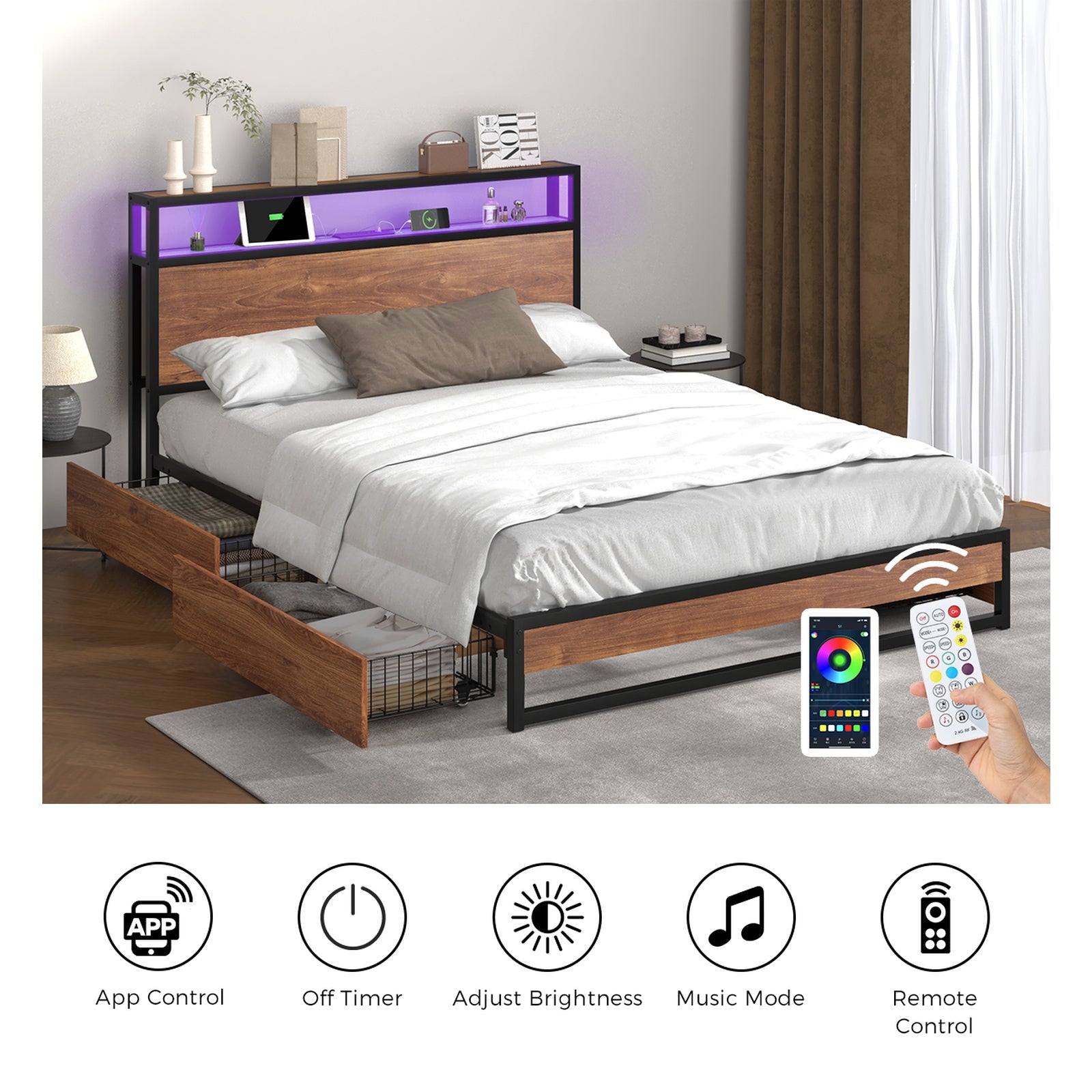 Oikiture Metal Bed Frame King Size with LED Headboard Storage Drawers USB - Sunyee