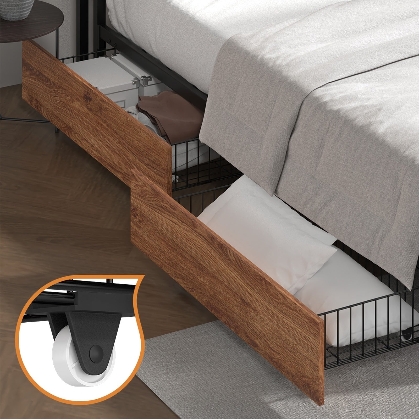 Oikiture Metal Bed Frame King Size with LED Headboard Storage Drawers USB - Sunyee