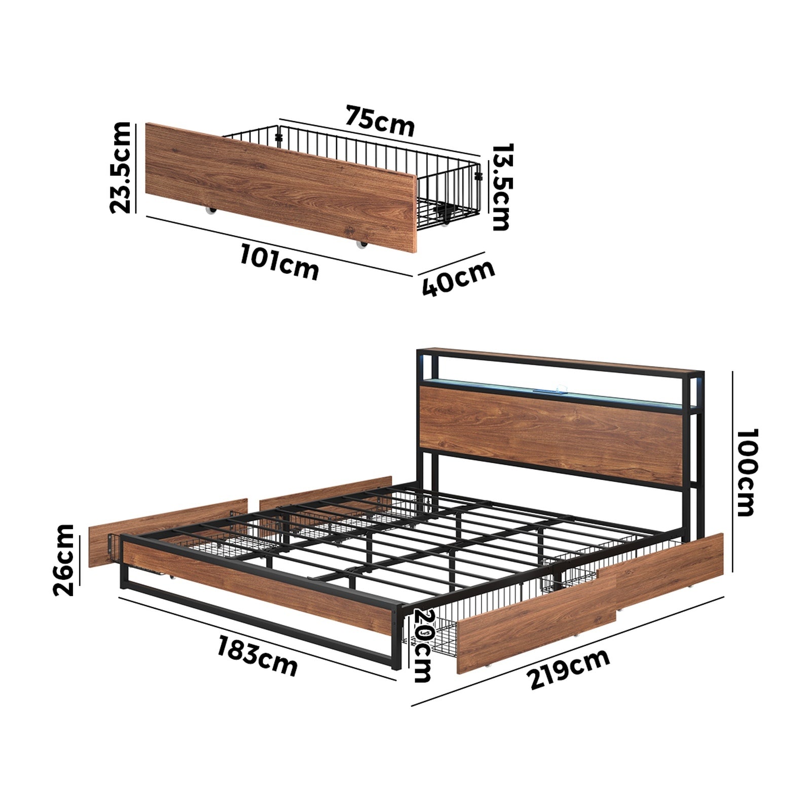 Oikiture Metal Bed Frame King Size with LED Headboard Storage Drawers USB - Sunyee