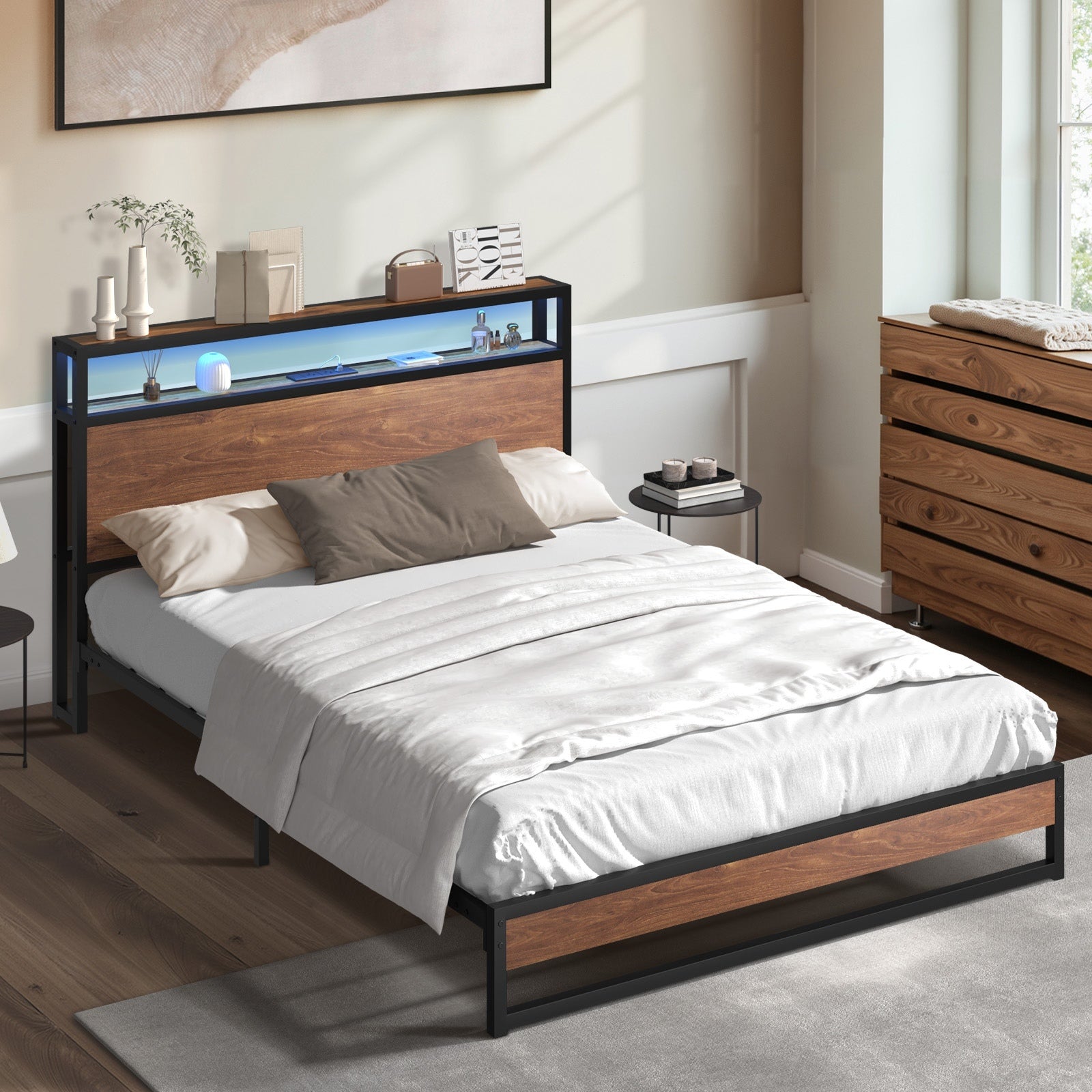 Oikiture Metal Bed Frame King Size LED Light Storage Headboard USB Charge - Sunyee
