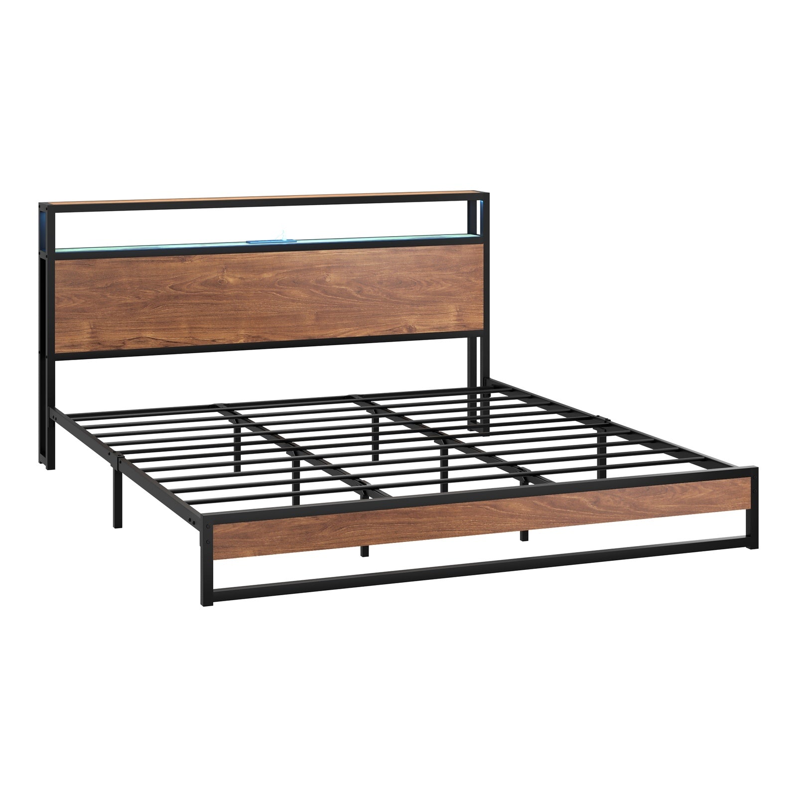 Oikiture Metal Bed Frame King Size LED Light Storage Headboard USB Charge - Sunyee