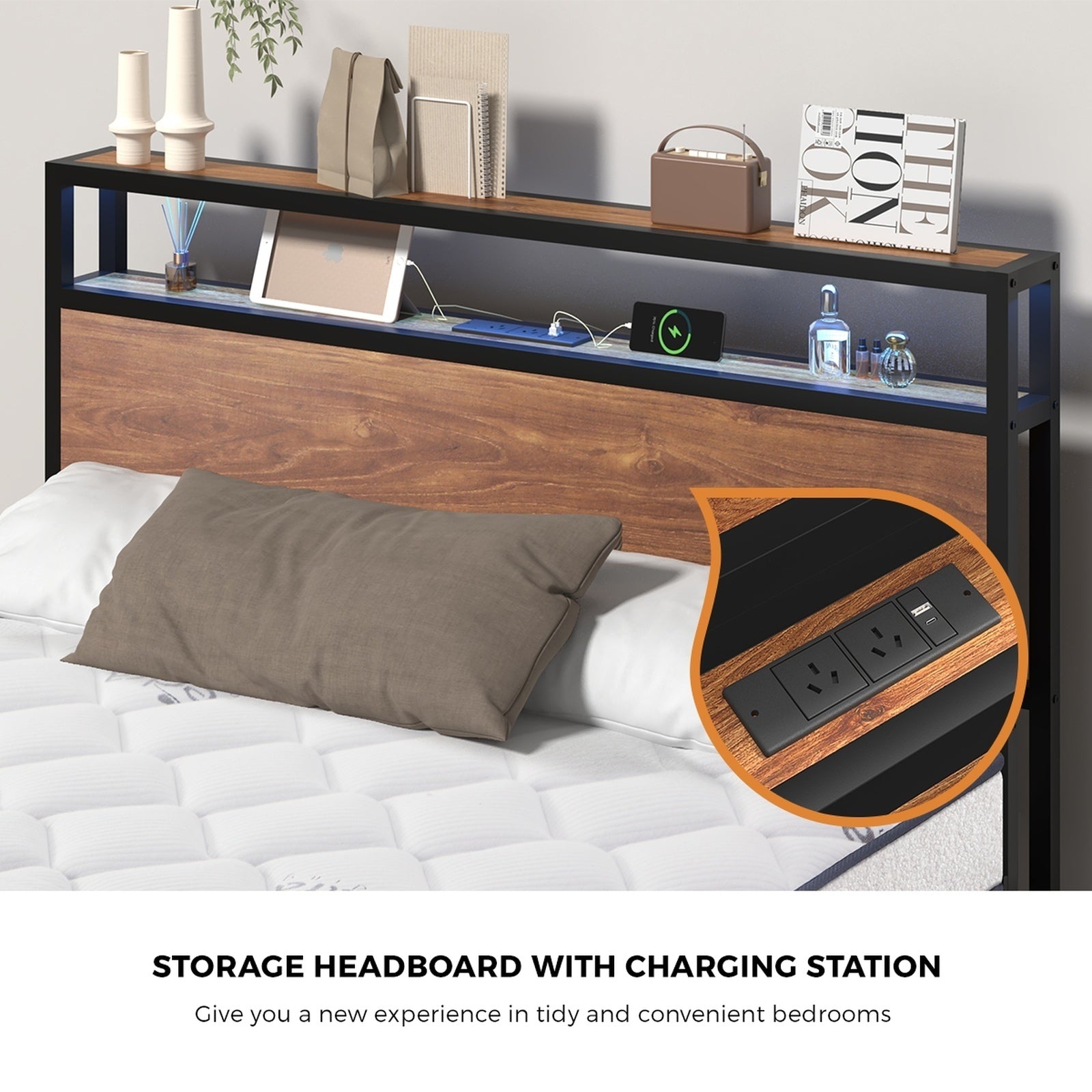 Oikiture Metal Bed Frame Double Size LED Storage USB with Mattress - Sunyee