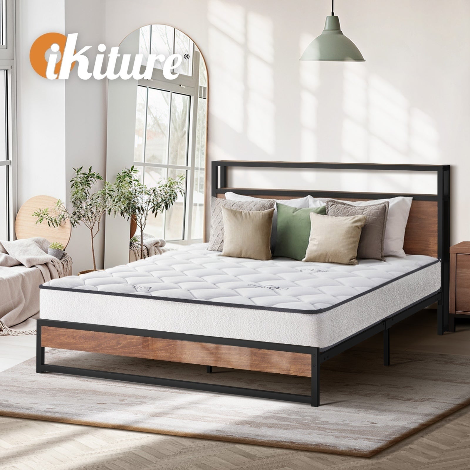 Oikiture Metal Bed Frame Double Queen King Size LED Storage USB with Mattress