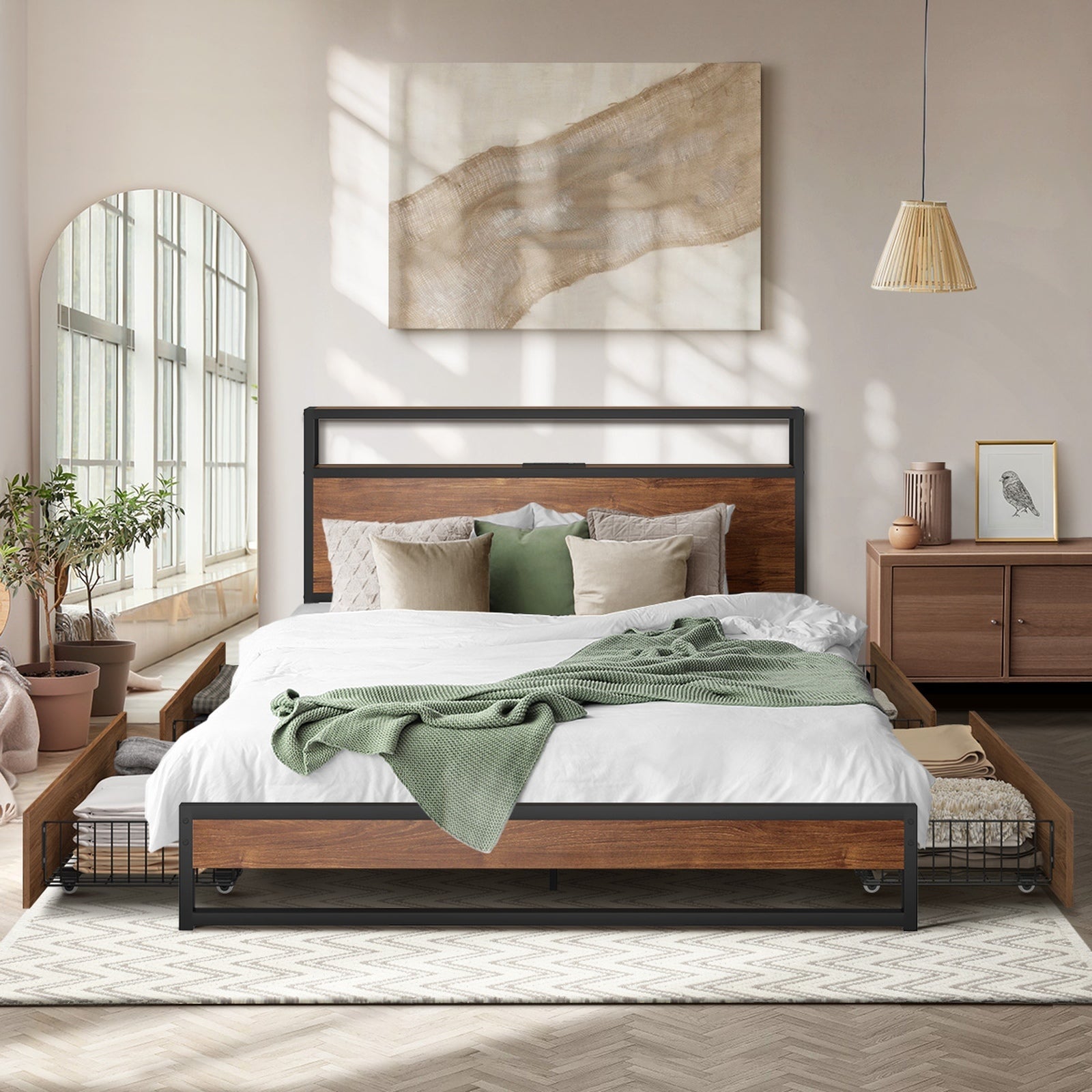 Oikiture Metal Bed Frame Queen Double King Size with LED Headboard Charging Port