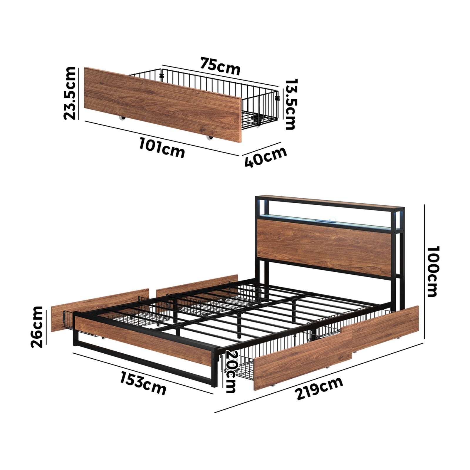Oikiture Metal Bed Frame Queen Size with LED Headboard Storage Drawers USB - Sunyee
