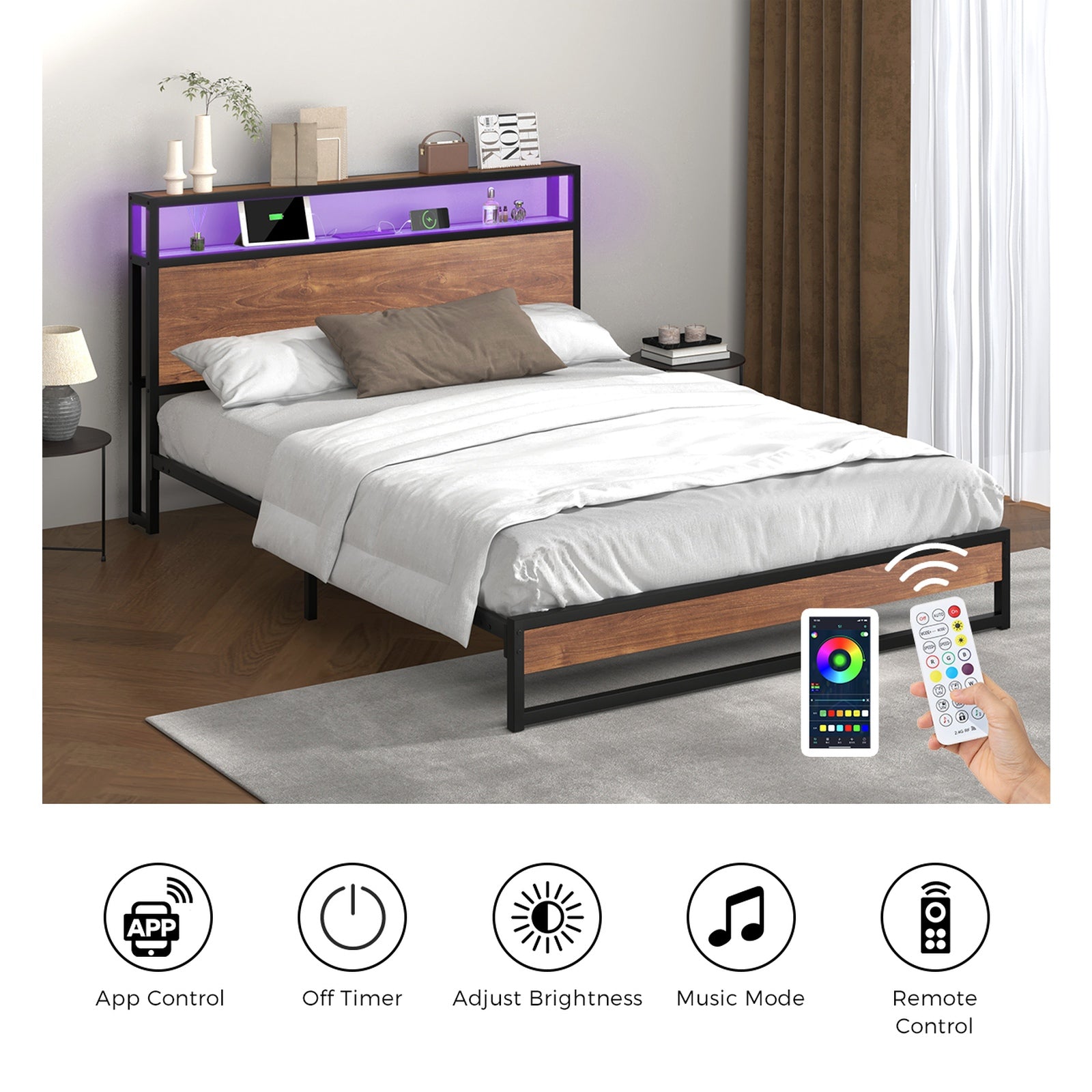 Oikiture Metal Bed Frame Queen Size LED Light Storage Headboard USB Charge - Sunyee