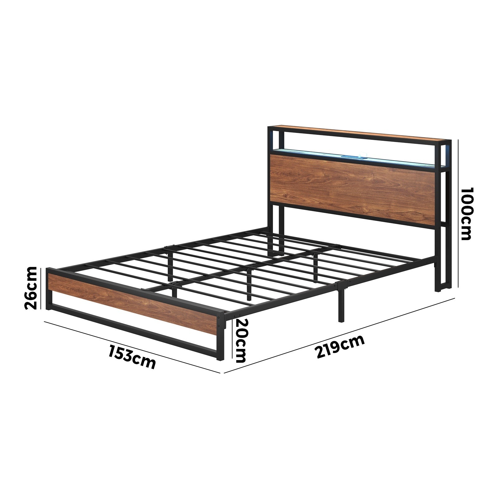Oikiture Metal Bed Frame Queen Size LED Light Storage Headboard USB Charge - Sunyee
