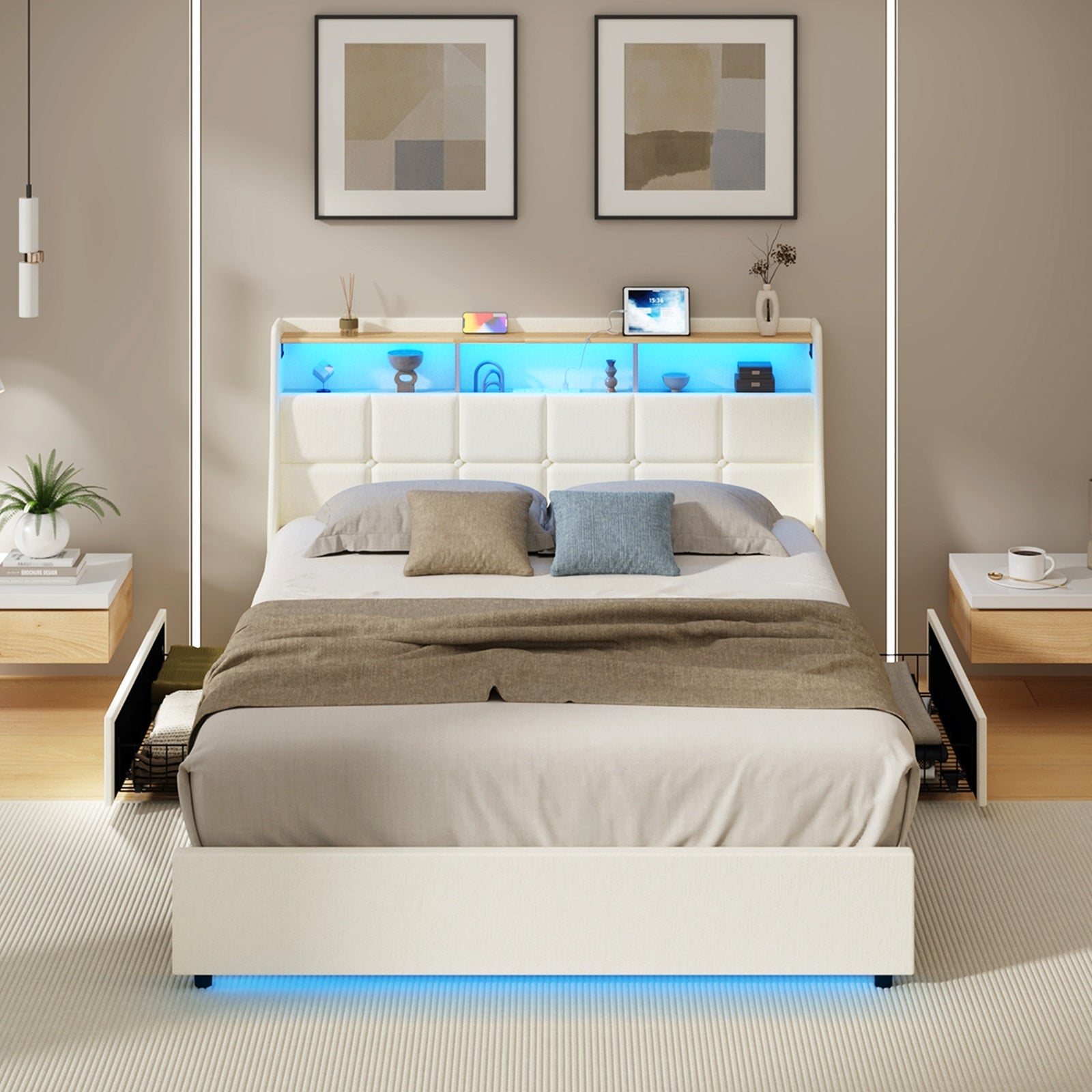Oikiture Double Size Bed Frame Headboard RGB Lights with Drawer USB Charge Beige