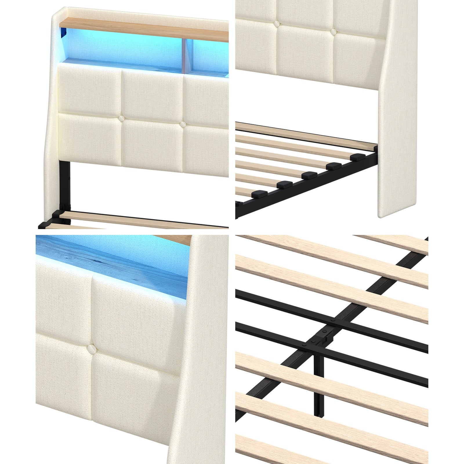 Oikiture Double Size Bed Frame Headboard RGB Lights with Drawer USB Charge Beige