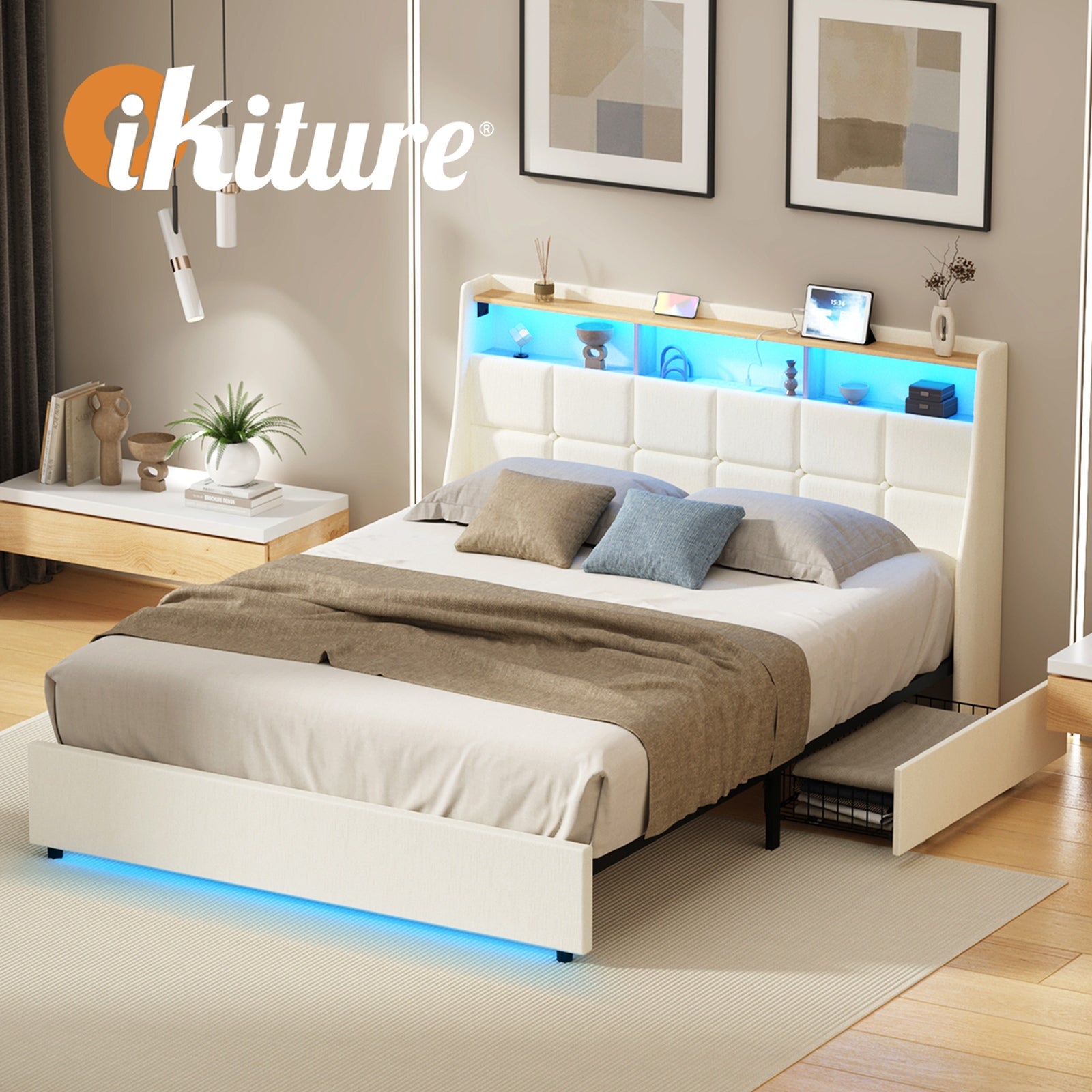 Oikiture Double Size Bed Frame Headboard RGB Lights with Drawer USB Charge Beige