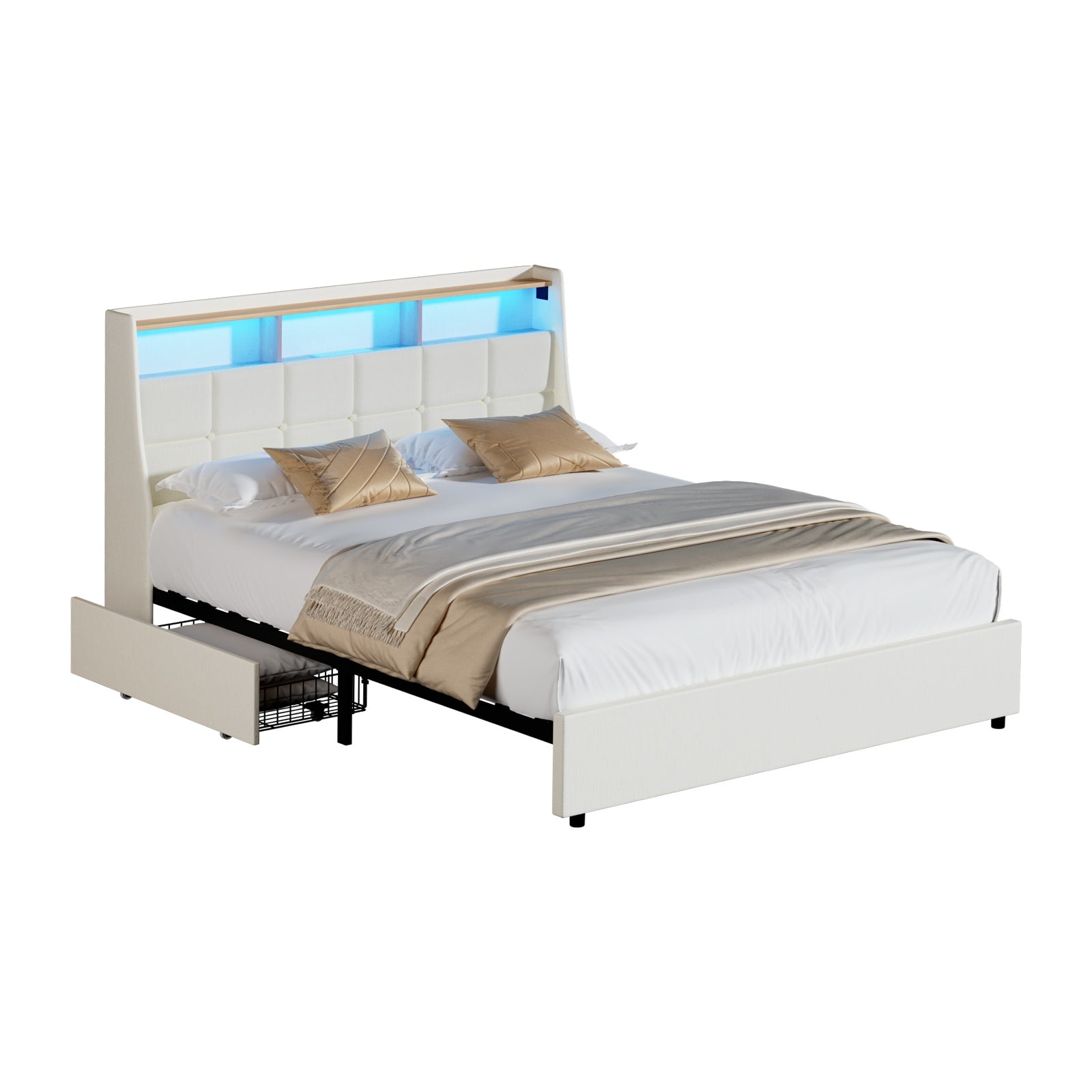 Oikiture Double Size Bed Frame Headboard RGB Lights with Drawer USB Charge Beige
