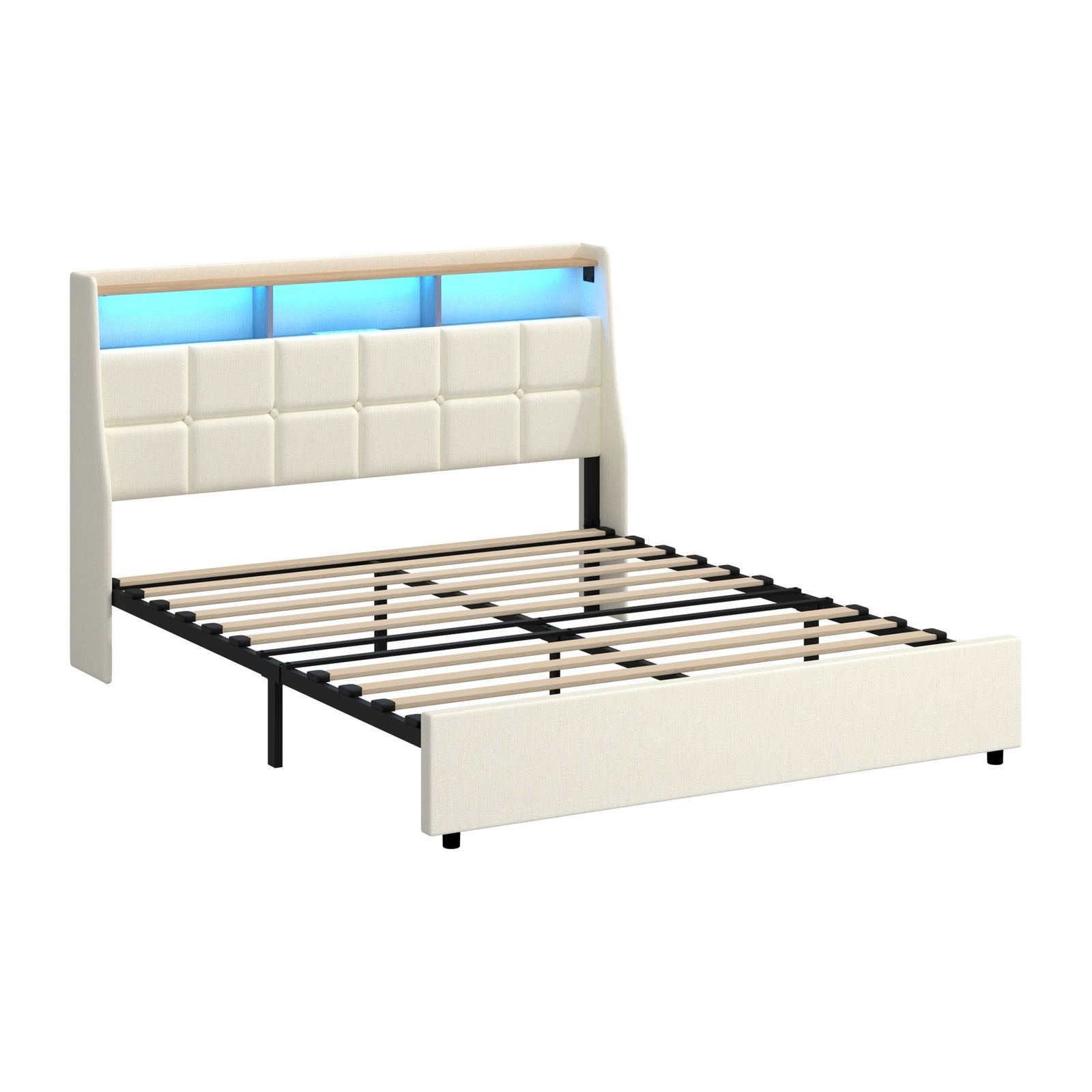 Oikiture Double Size Bed Frame with LED Storage Headboard USB Charging Beige