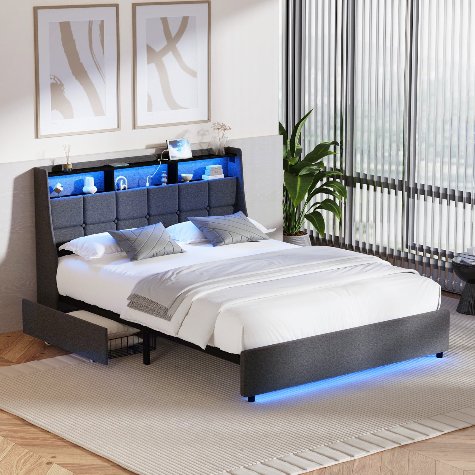 Oikiture Queen Double King Bed Frame w/ LED Storage Headboard Drawers USB Charge - Sunyee