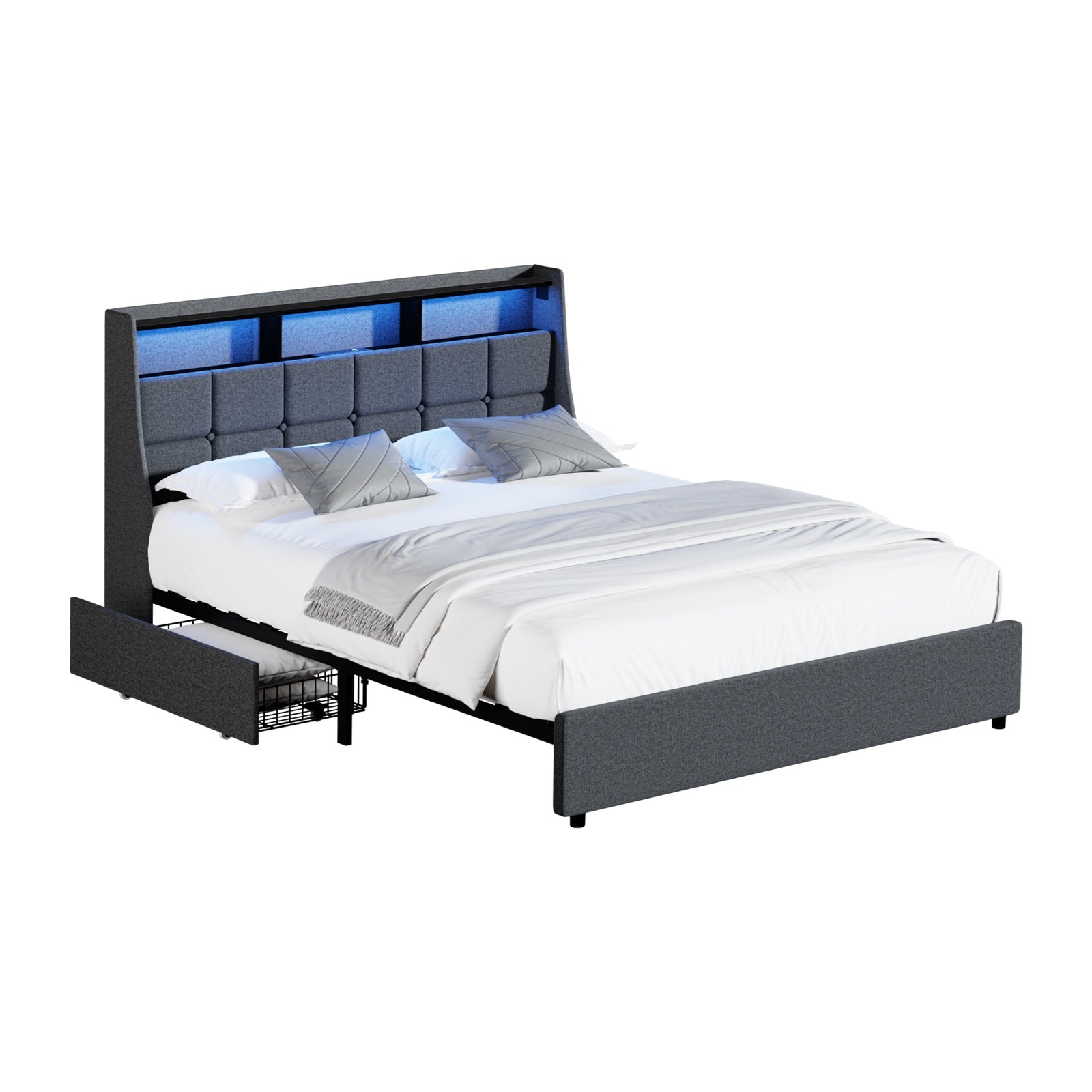 Oikiture Queen Double King Bed Frame w/ LED Storage Headboard Drawers USB Charge - Sunyee