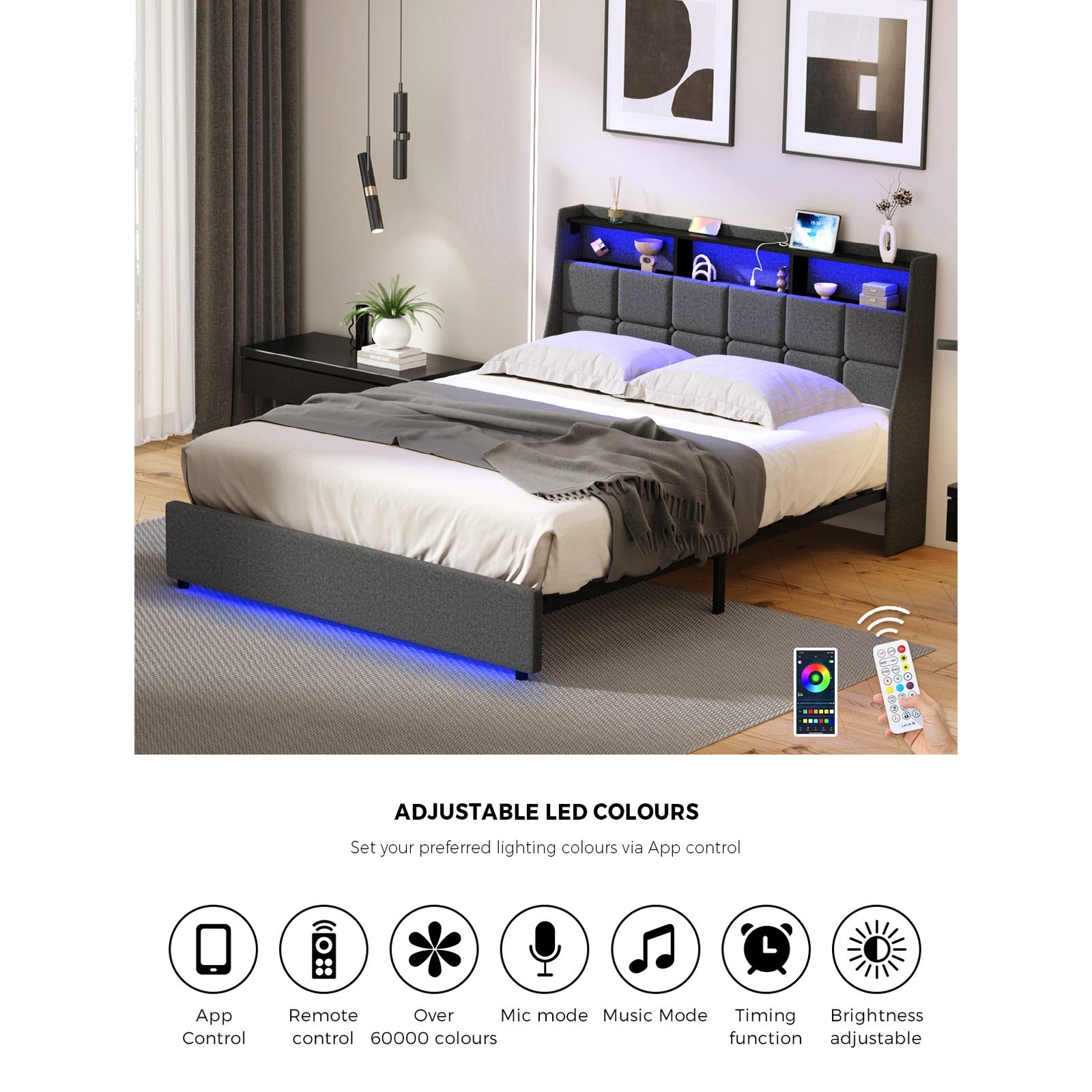 Oikiture Double Size Bed Frame With LED Storage Headboard USB Charging - Sunyee