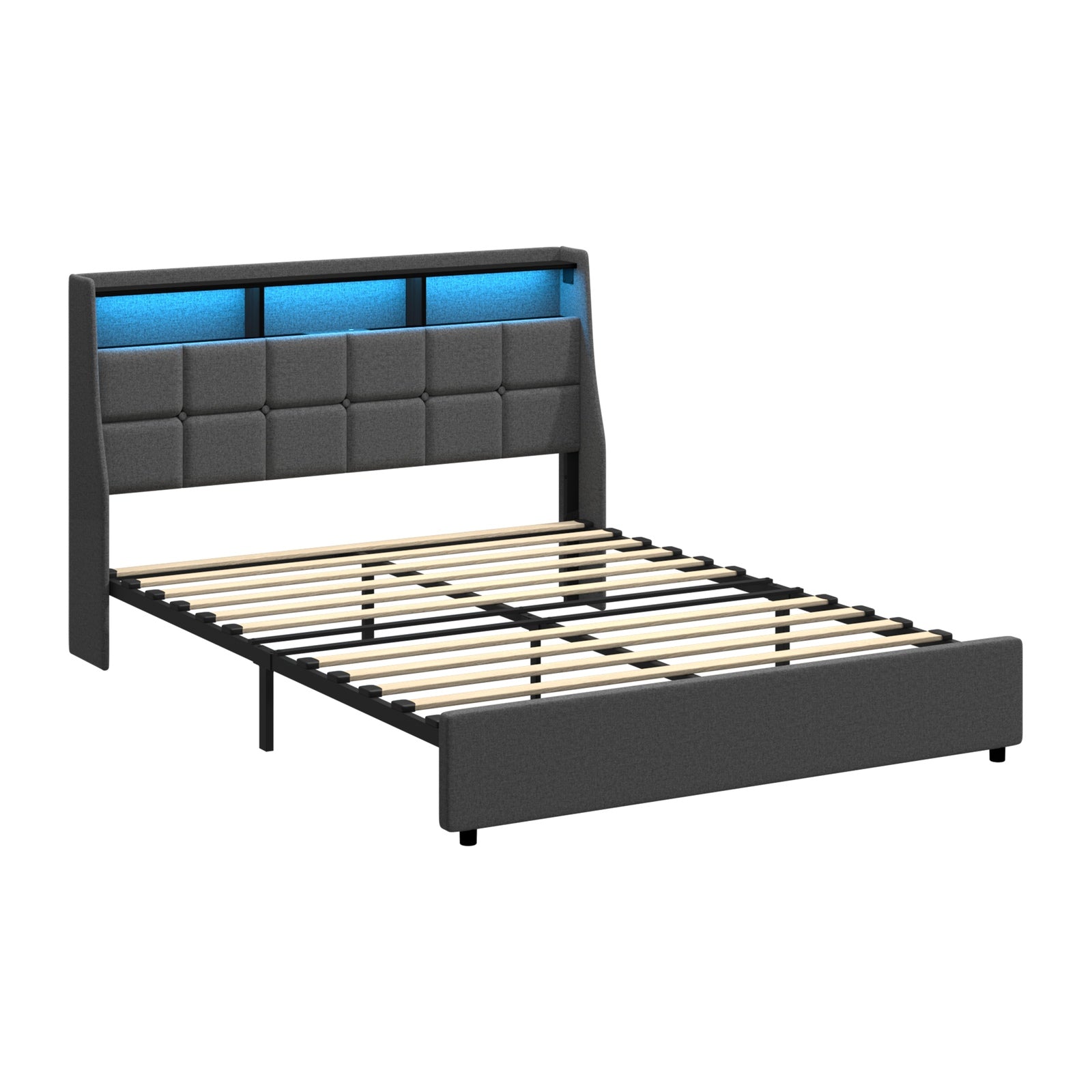 Oikiture Double Size Bed Frame With LED Storage Headboard USB Charging - Sunyee