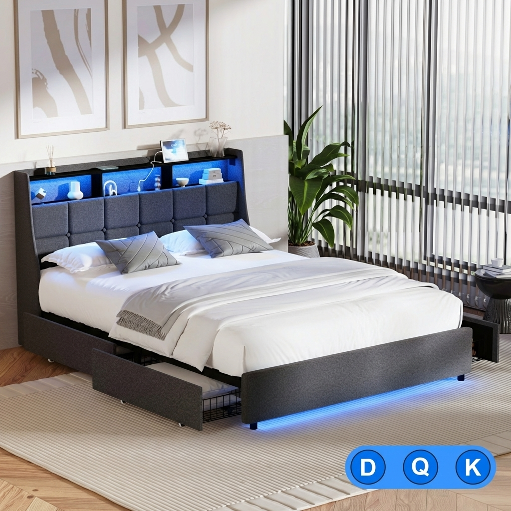 Oikiture Bed Frame Queen Double King Size LED Storge Headboard With USB Charging - Sunyee