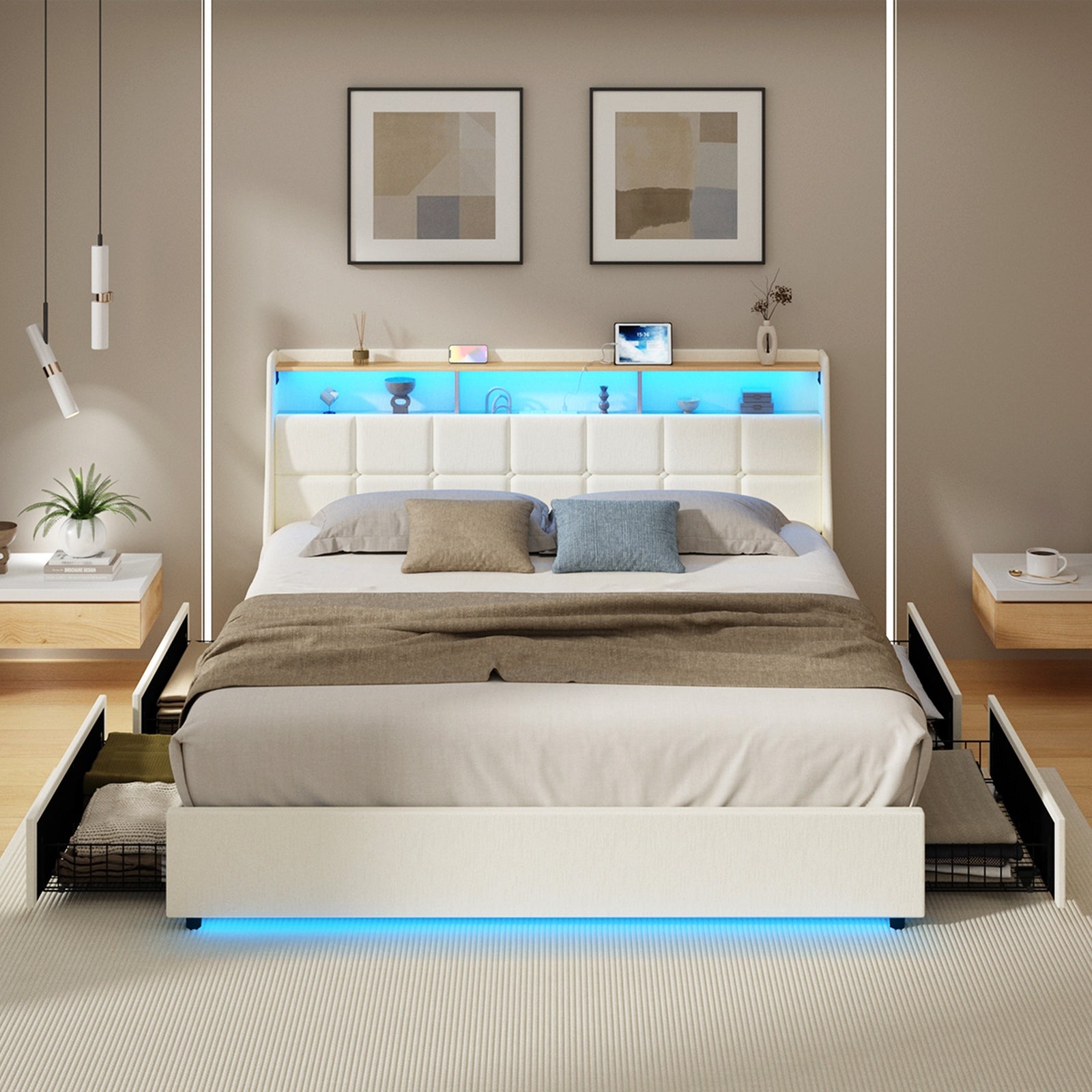 Oikiture King Size Bed Frame Headboard RGB Lights with Drawer USB Charge Beige