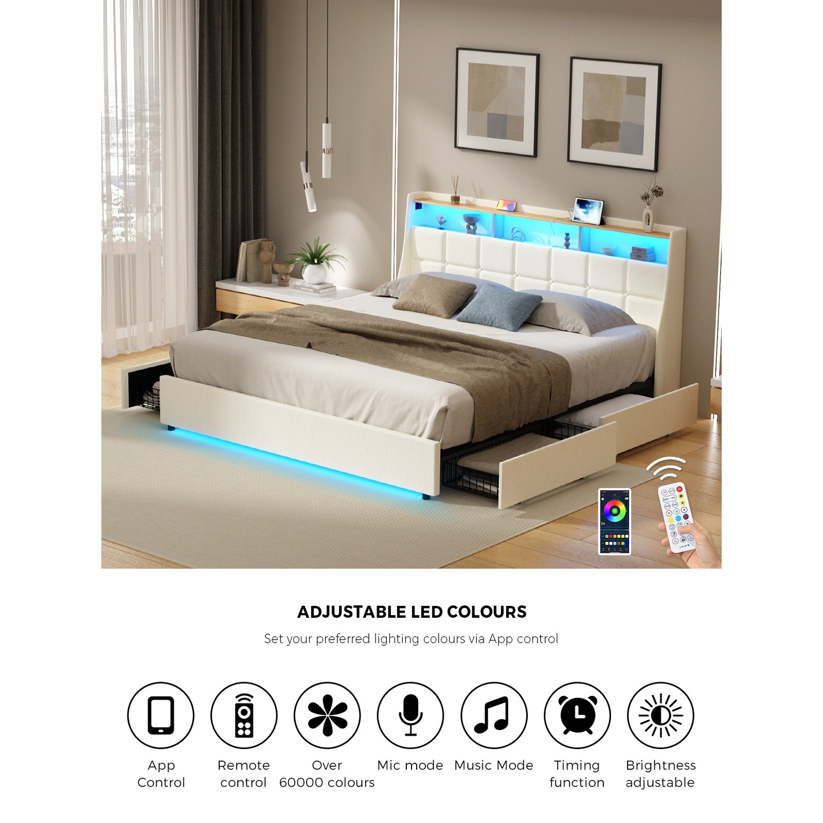 Oikiture King Size Bed Frame Headboard RGB Lights with Drawer USB Charge Beige