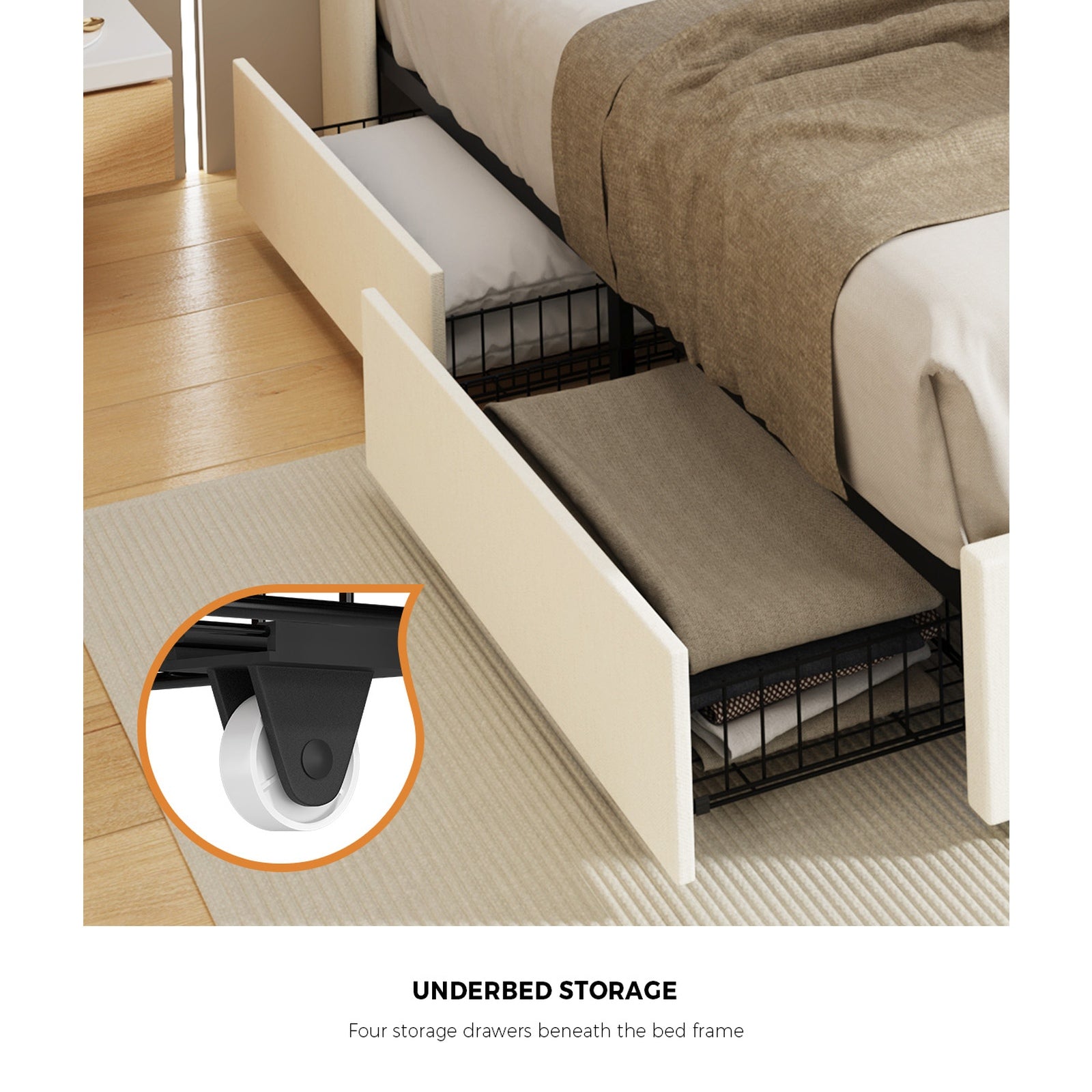 Oikiture King Size Bed Frame Headboard RGB Lights with Drawer USB Charge Beige