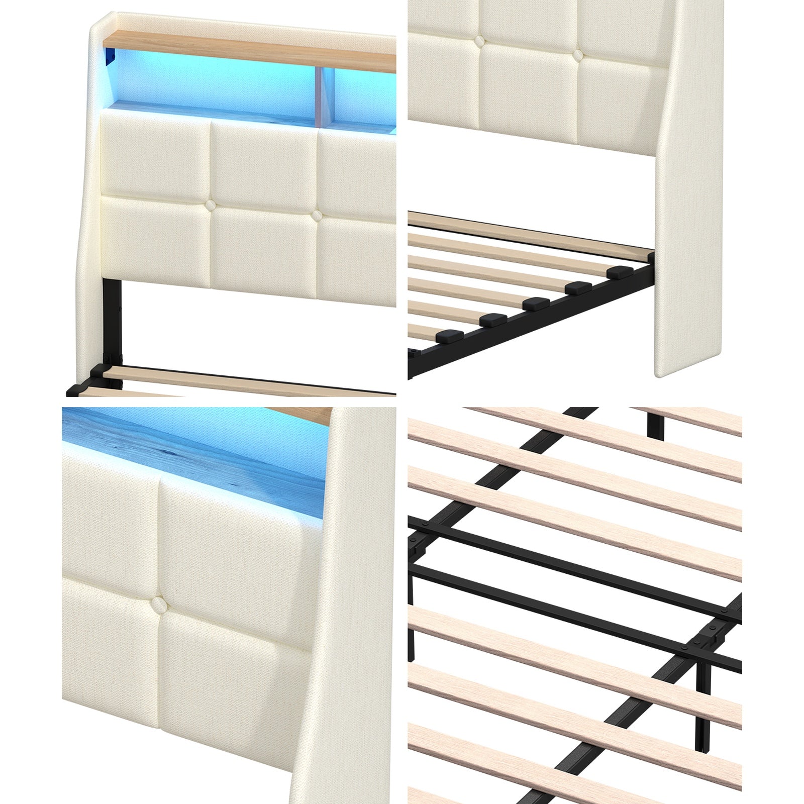 Oikiture King Size Bed Frame Headboard RGB Lights with Drawer USB Charge Beige
