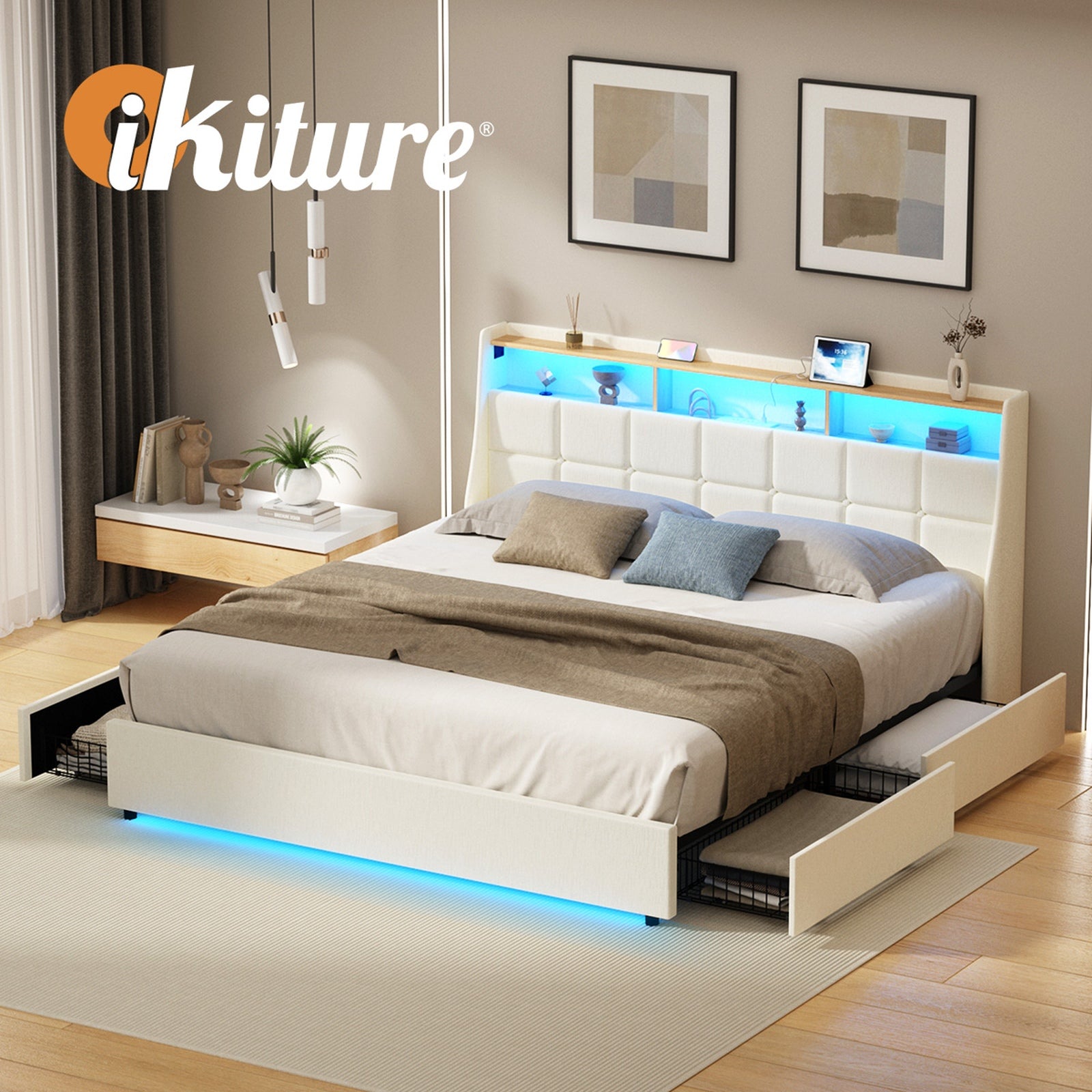 Oikiture King Size Bed Frame Headboard RGB Lights with Drawer USB Charge Beige