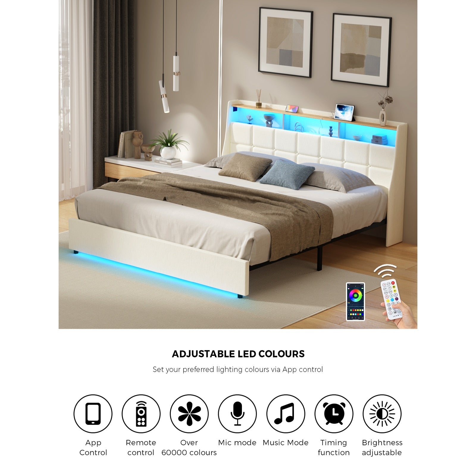 Oikiture King Size Bed Frame with LED Storage Headboard USB Charging Beige