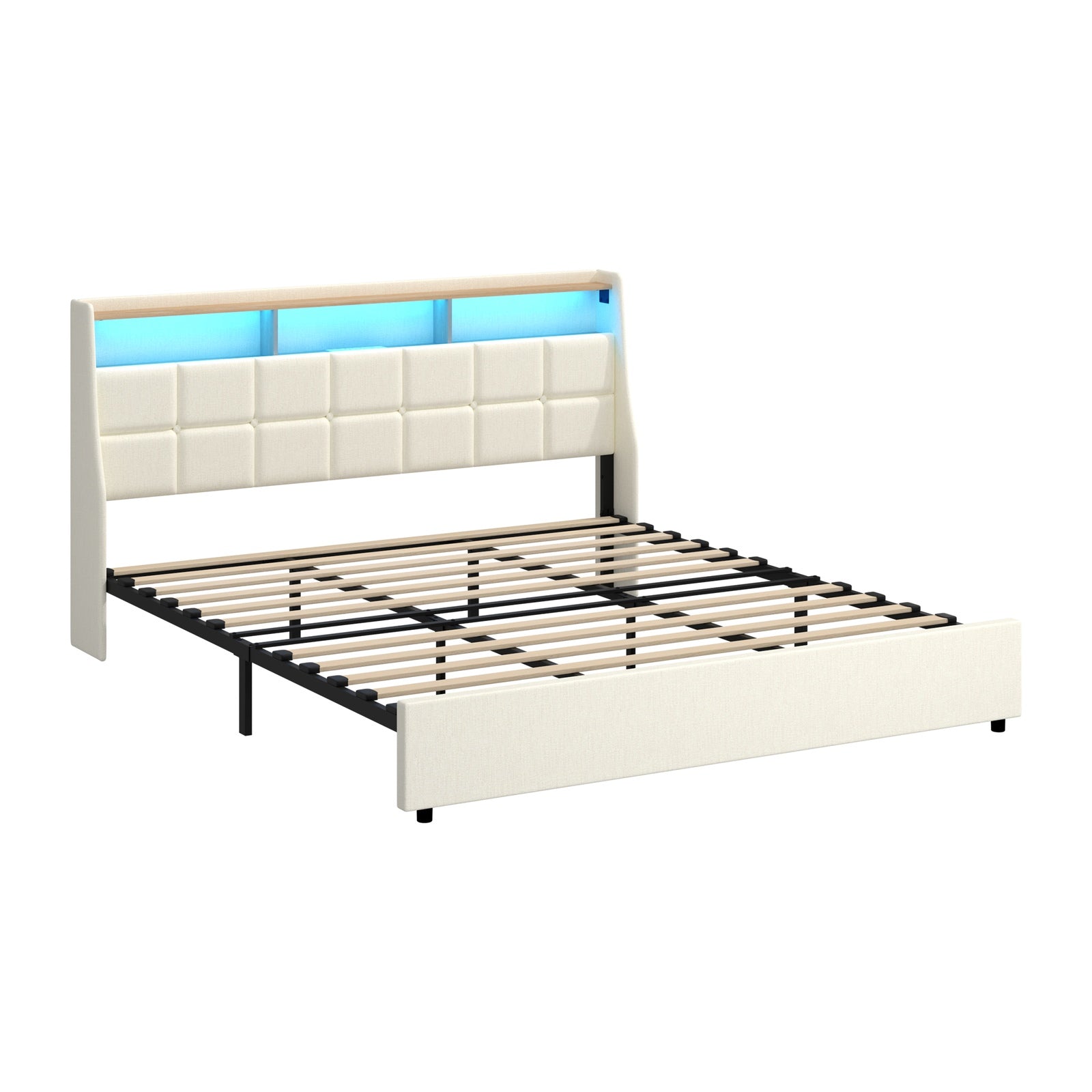 Oikiture King Size Bed Frame with LED Storage Headboard USB Charging Beige