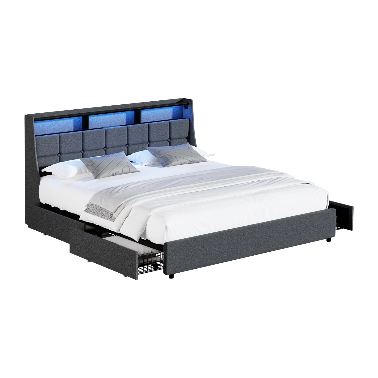 Oikiture Queen Double King Bed Frame w/ LED Storage Headboard Drawers USB Charge - Sunyee