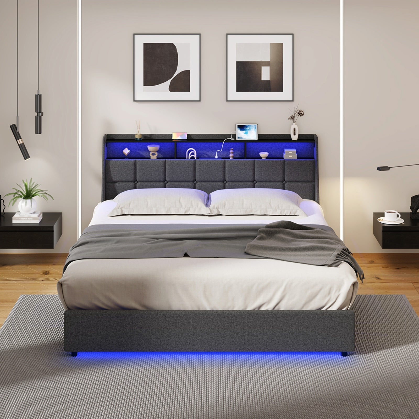 Oikiture King Size Bed Frame With LED Storage Headboard USB Charging - Sunyee