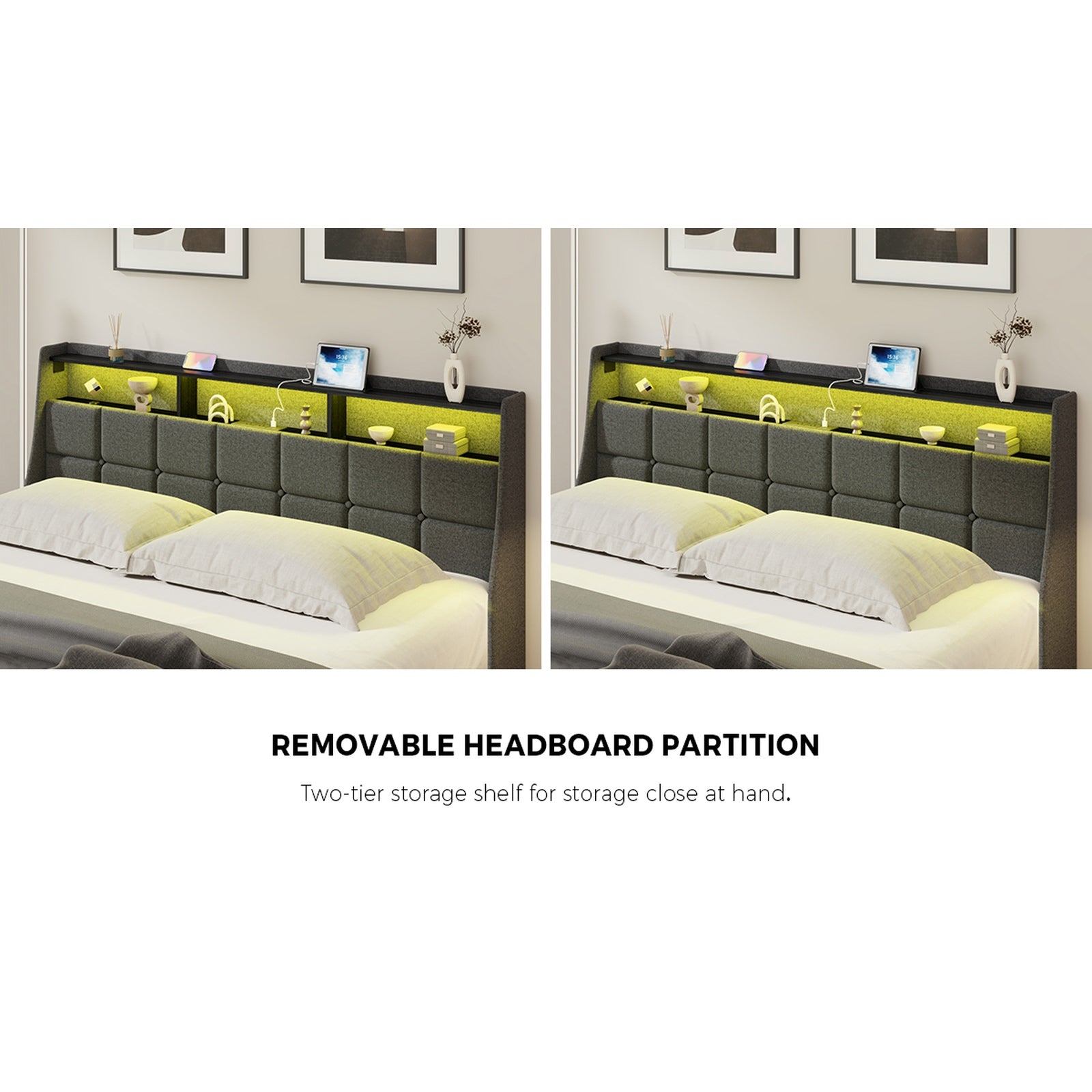 Oikiture King Size Bed Frame With LED Storage Headboard USB Charging - Sunyee