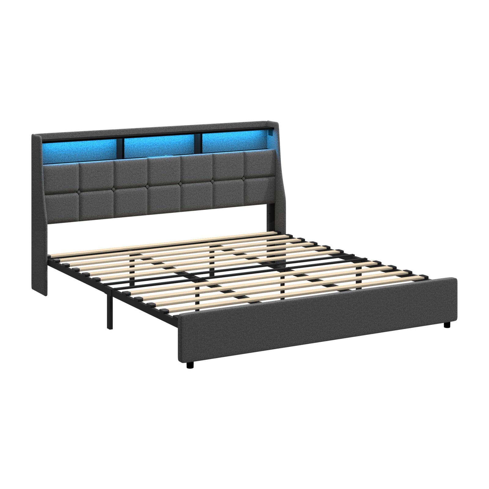 Oikiture King Size Bed Frame With LED Storage Headboard USB Charging - Sunyee