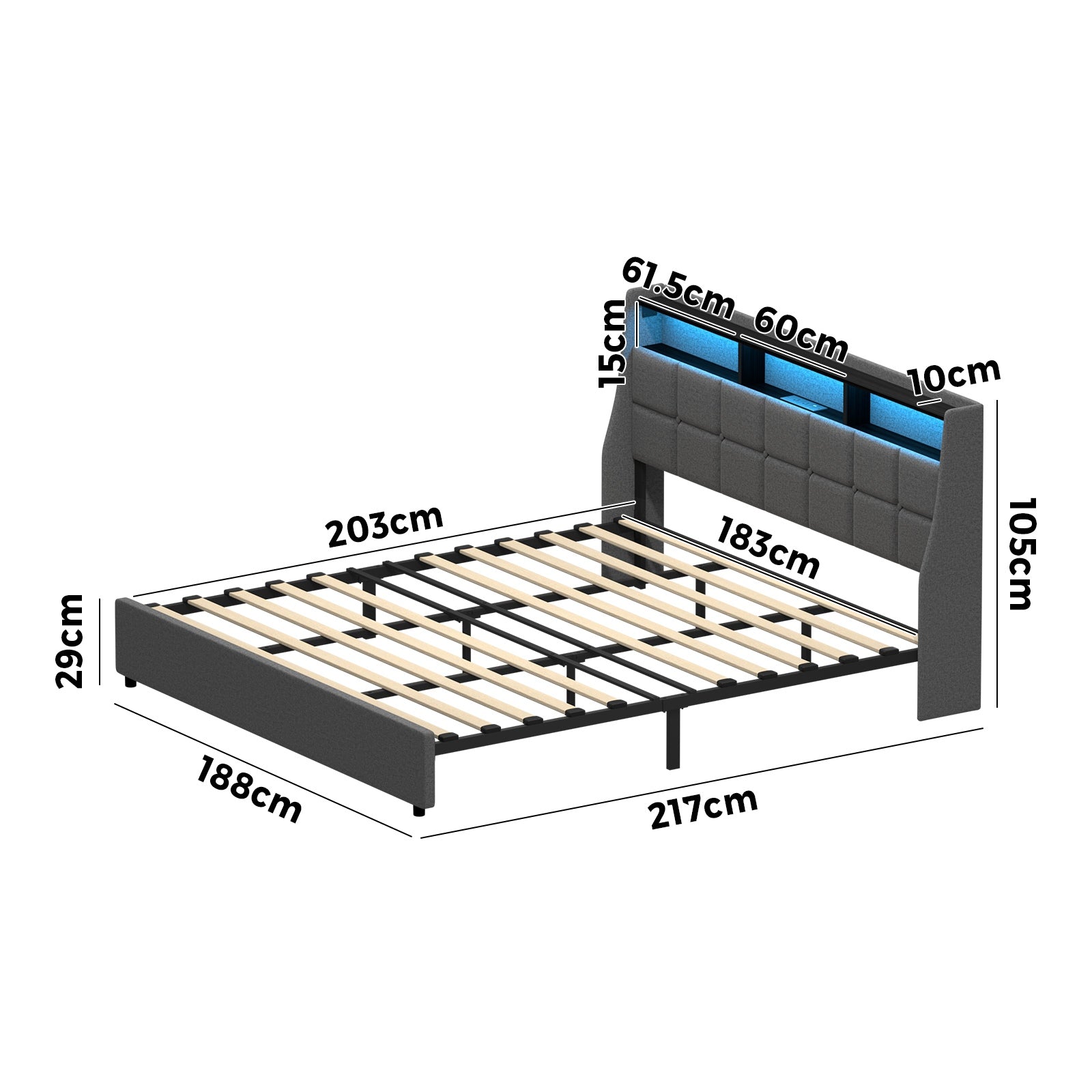 Oikiture King Size Bed Frame With LED Storage Headboard USB Charging - Sunyee