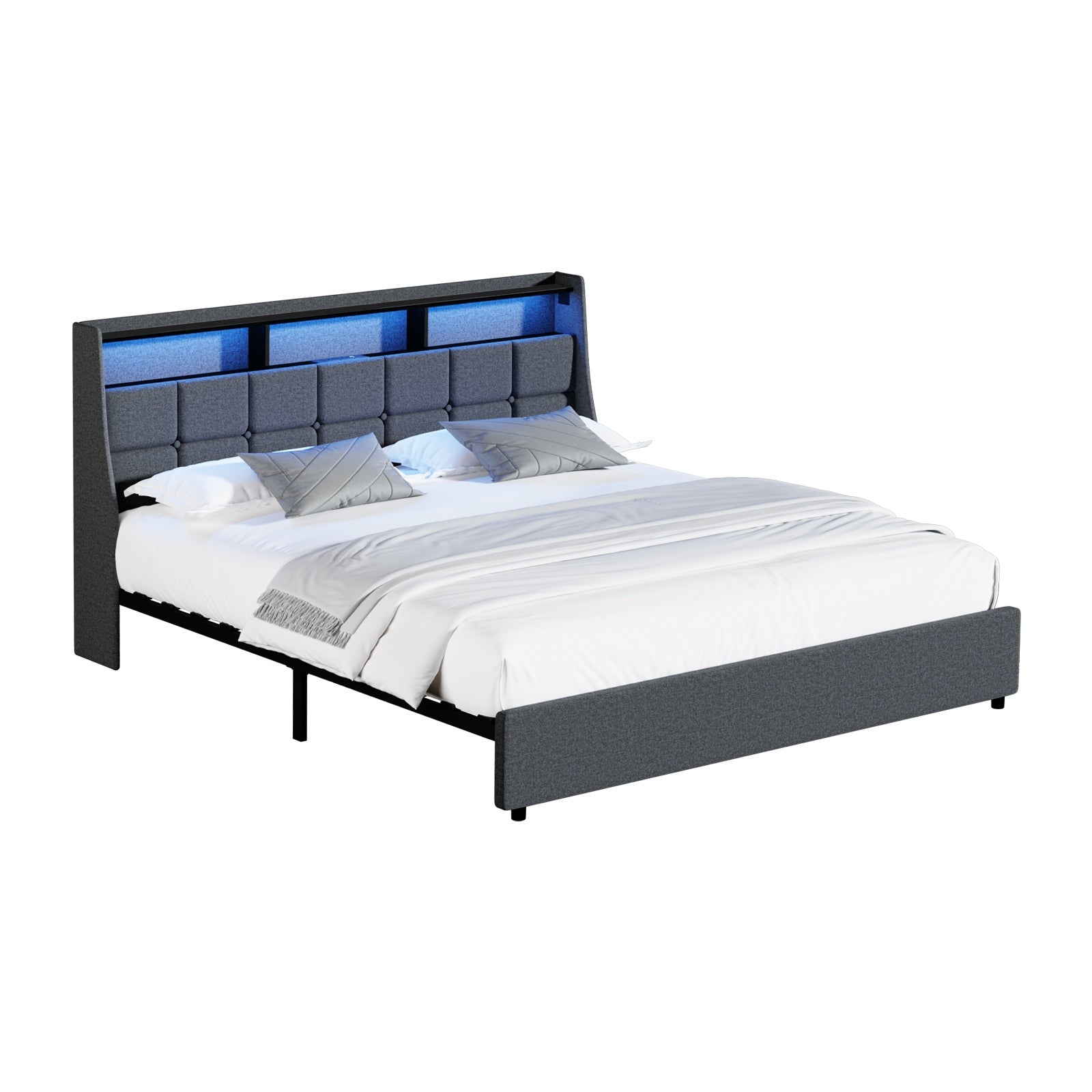 Oikiture King Size Bed Frame With LED Storage Headboard USB Charging - Sunyee